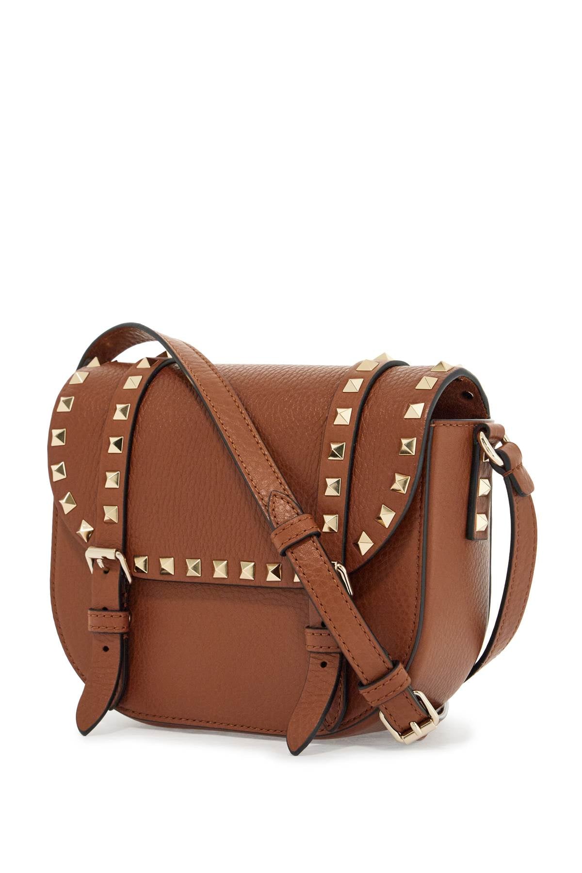 Valentino Garavani small messenger crossbody bag in brown hammered leather with studs image 2