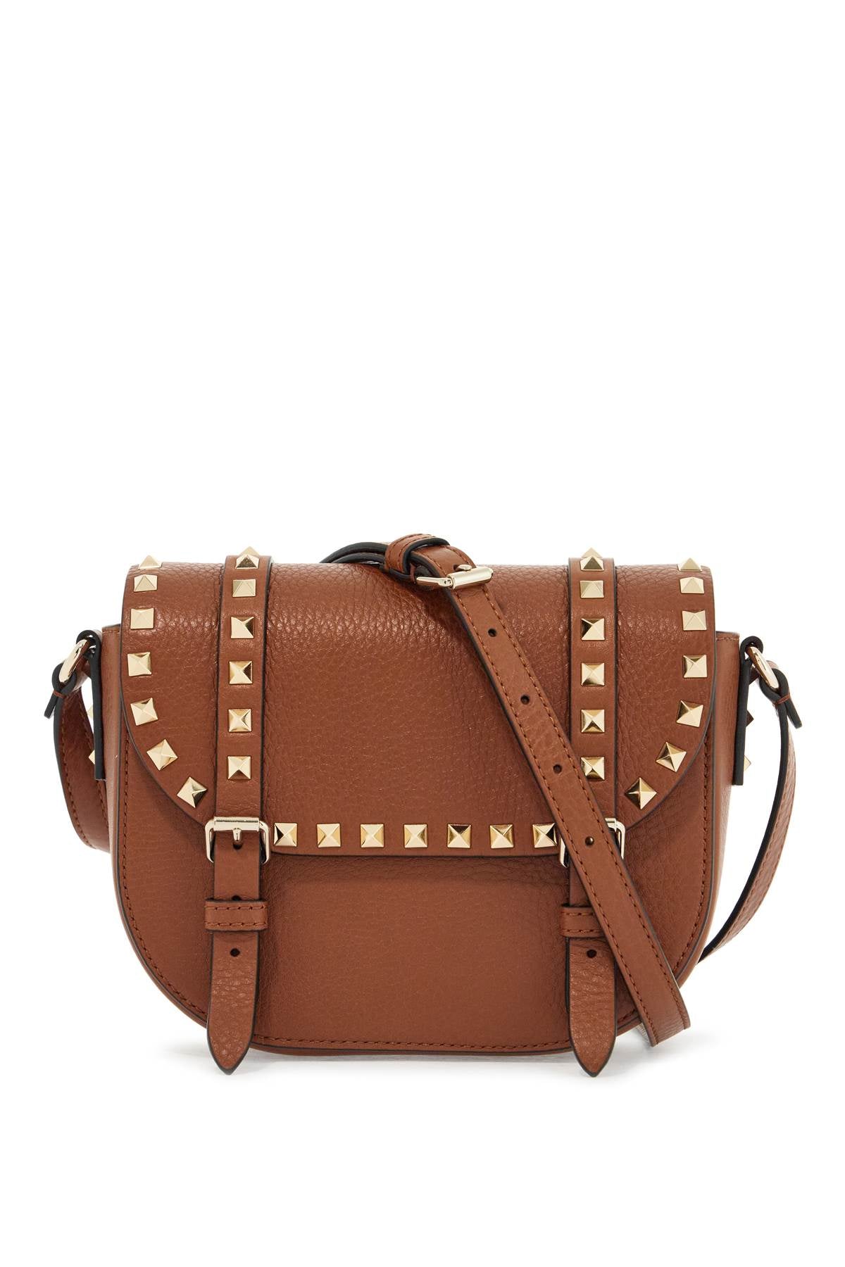 Valentino Garavani small messenger crossbody bag in brown hammered leather with studs image 0