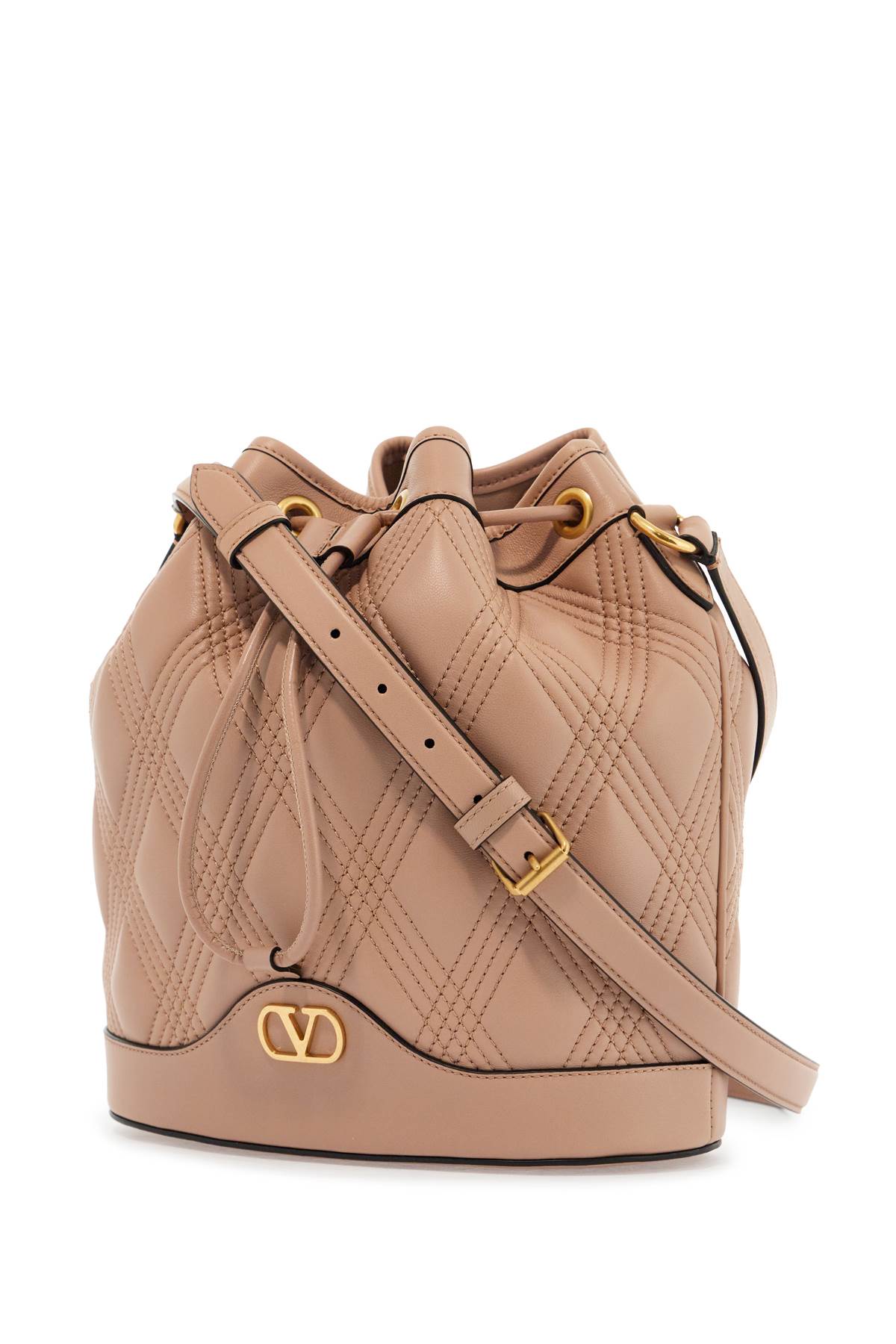 Valentino Garavani quilted pink leather bucket crossbody bag with golden details image 2