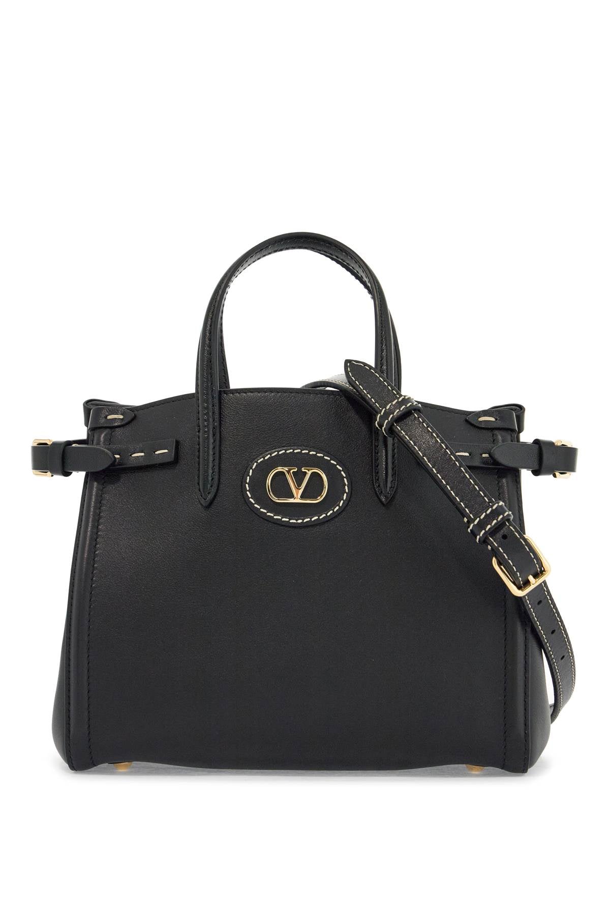 Valentino Garavani borsa tote piccola nera in pelle con logo oro image 0