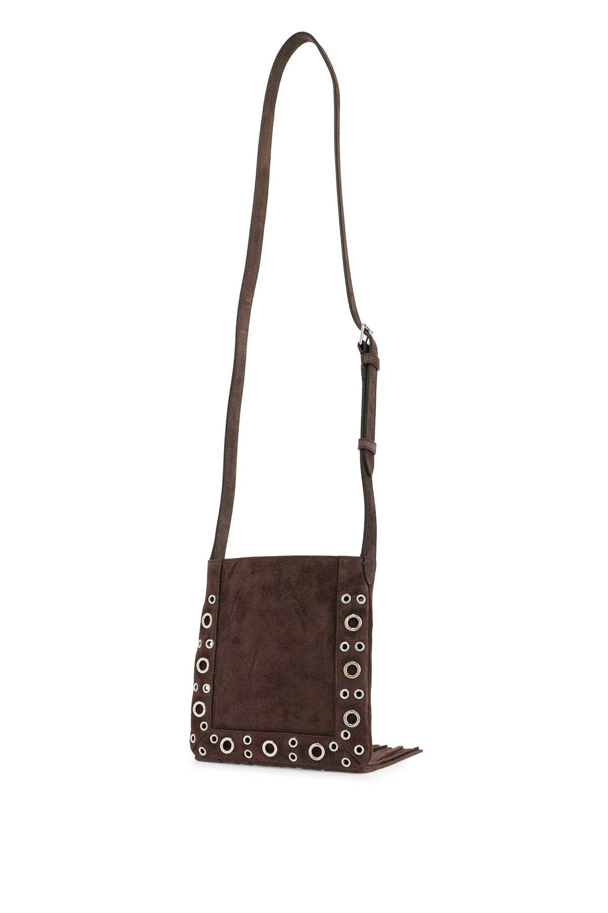 Valentino Garavani small suede crossbody bag in dark brown with studs and fringe image 1