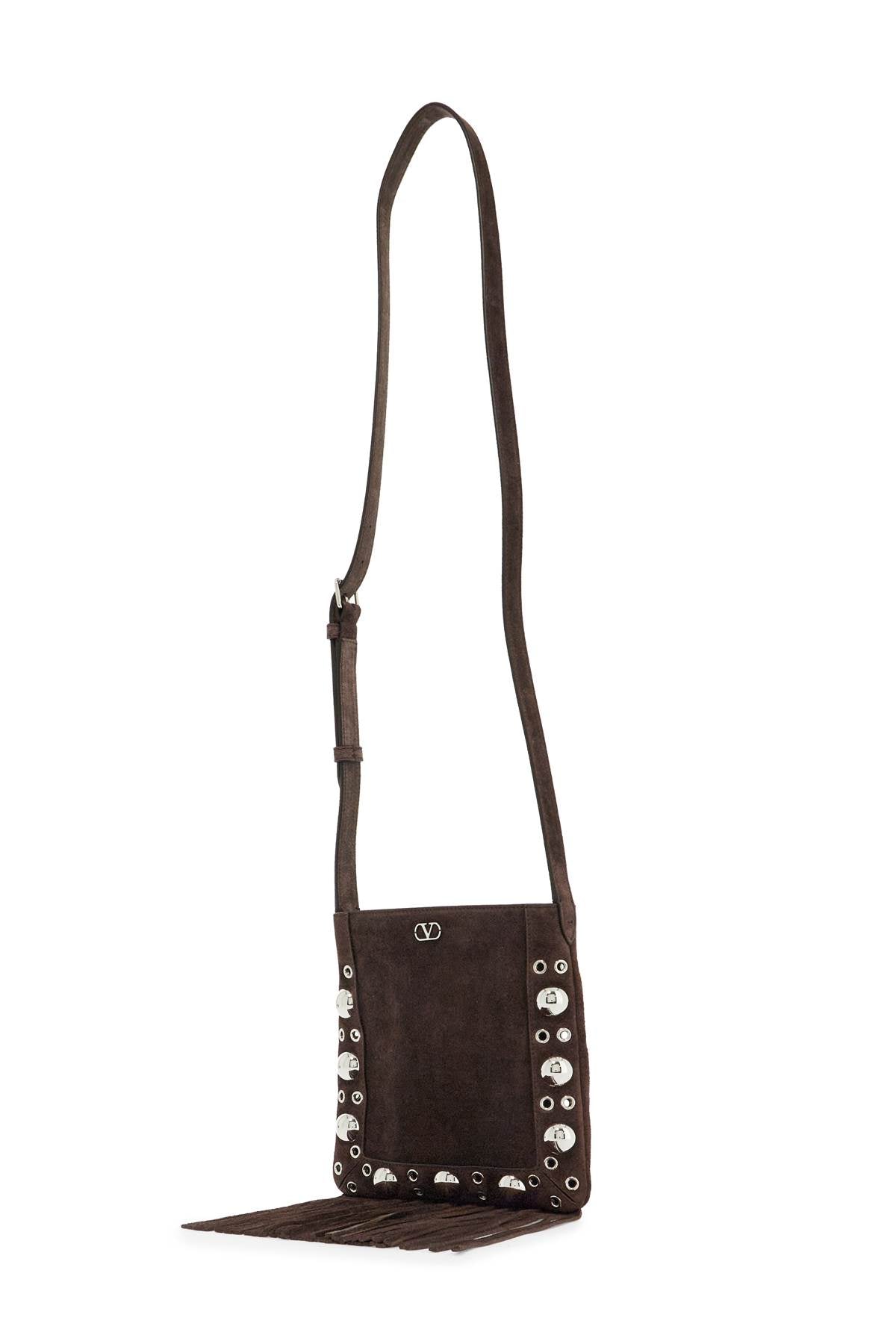 Valentino Garavani small suede crossbody bag in dark brown with studs and fringe image 2