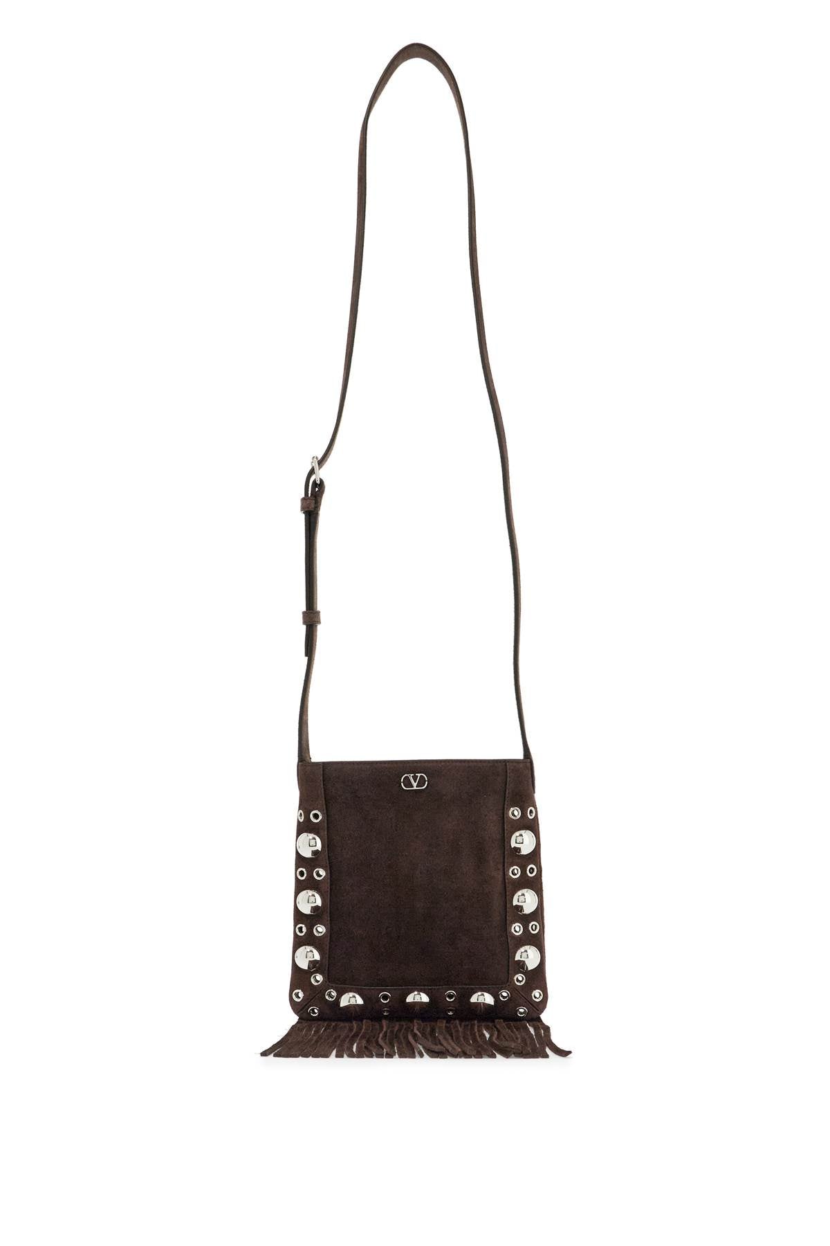 Valentino Garavani small suede crossbody bag in dark brown with studs and fringe image 0