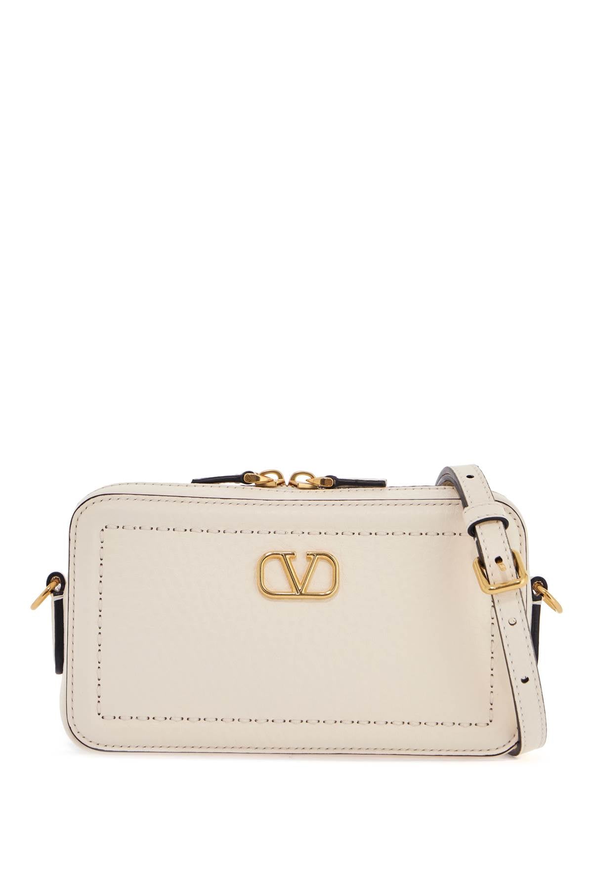 Valentino Garavani mini camera case in ivory leather with adjustable strap and golden details image 0