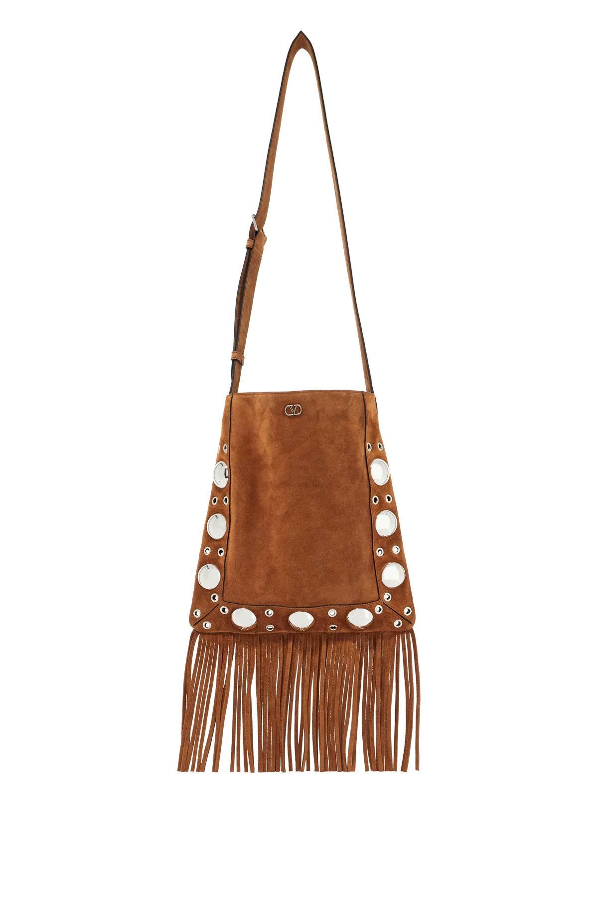 Valentino Garavani brown copper suede crossbody bag with studs and fringe image 0