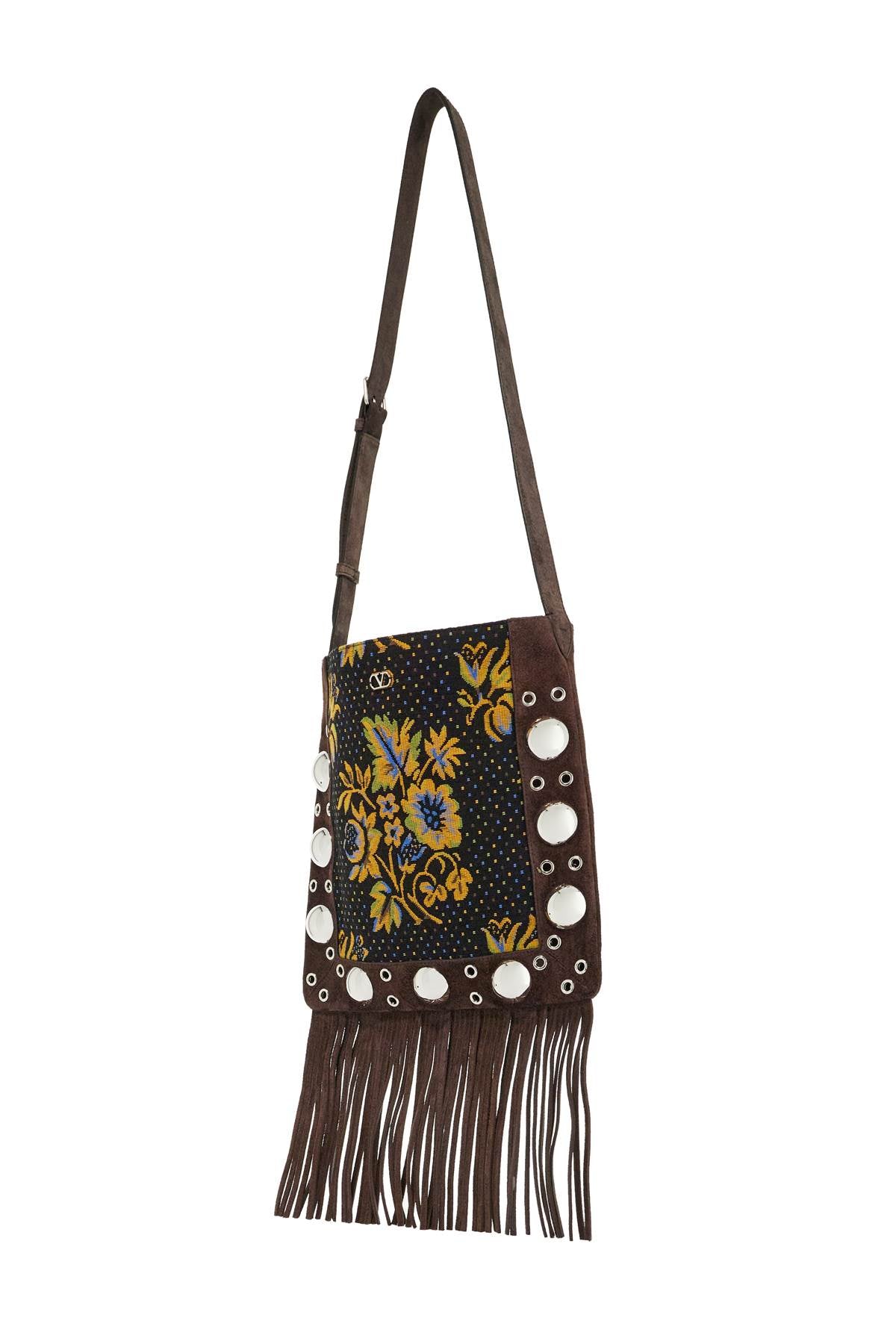 Valentino Garavani multicolored floral crossbody bag in dark brown with fringes image 2