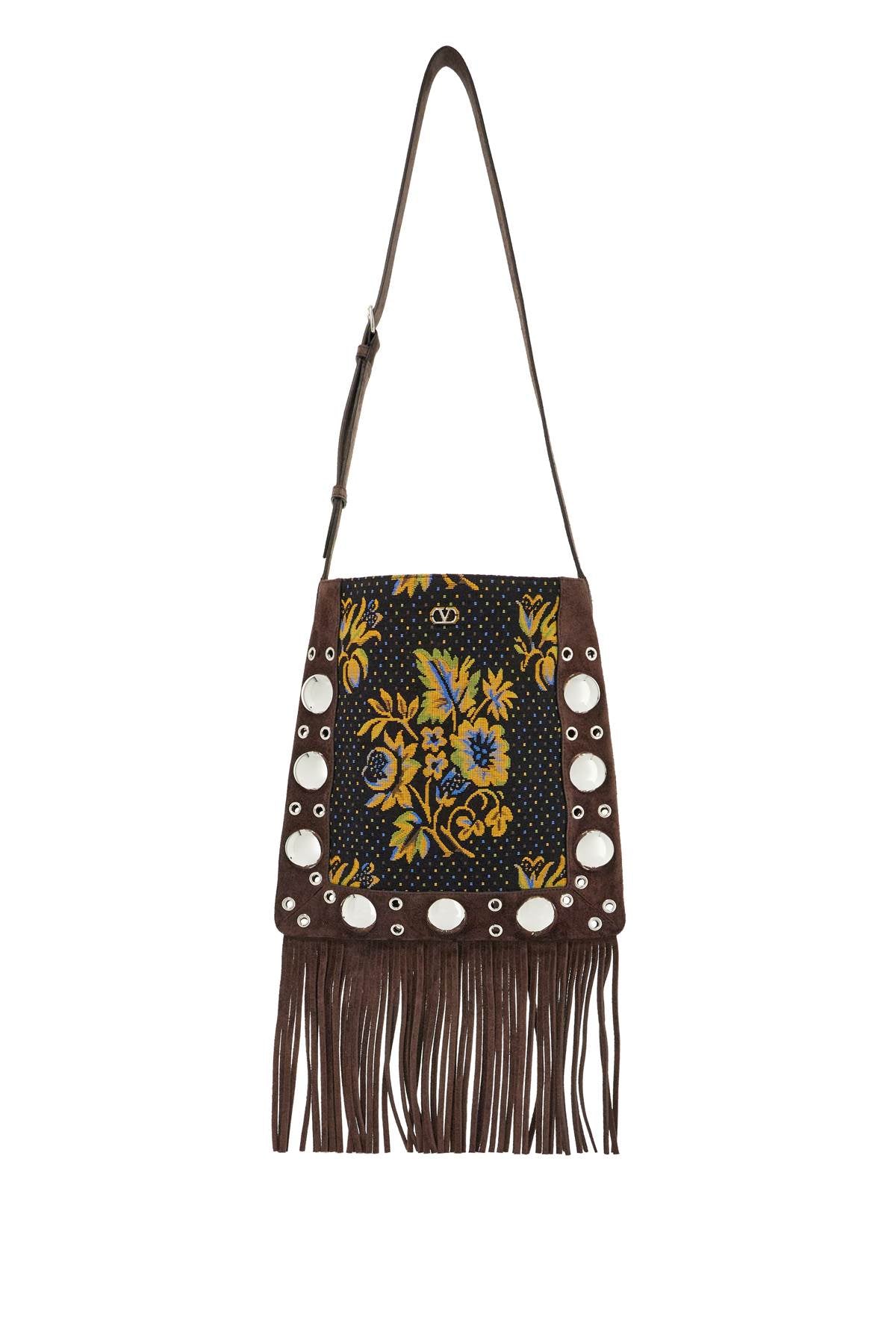 Valentino Garavani multicolored floral crossbody bag in dark brown with fringes image 0