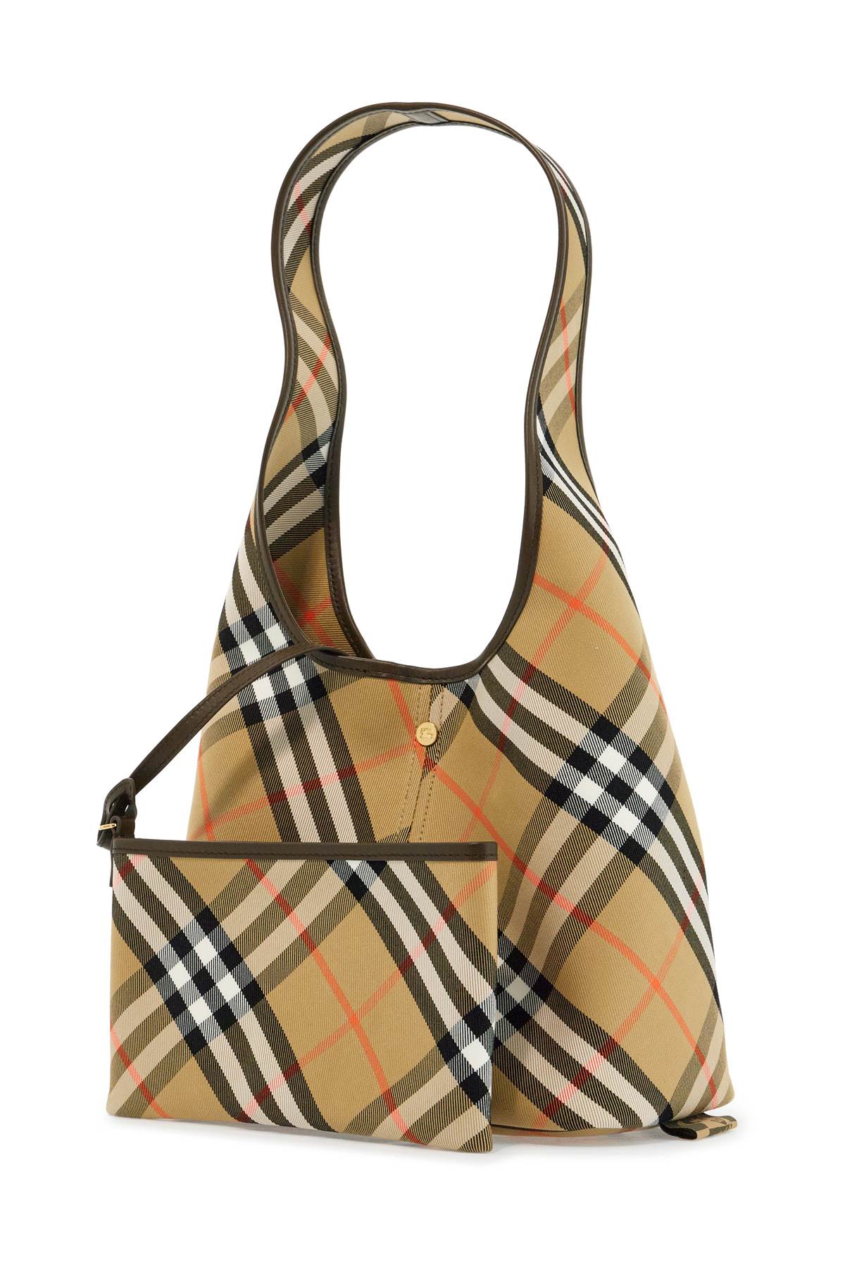 Burberry large beige cotton shoulder bag with check pattern and coordinated pouch image 2