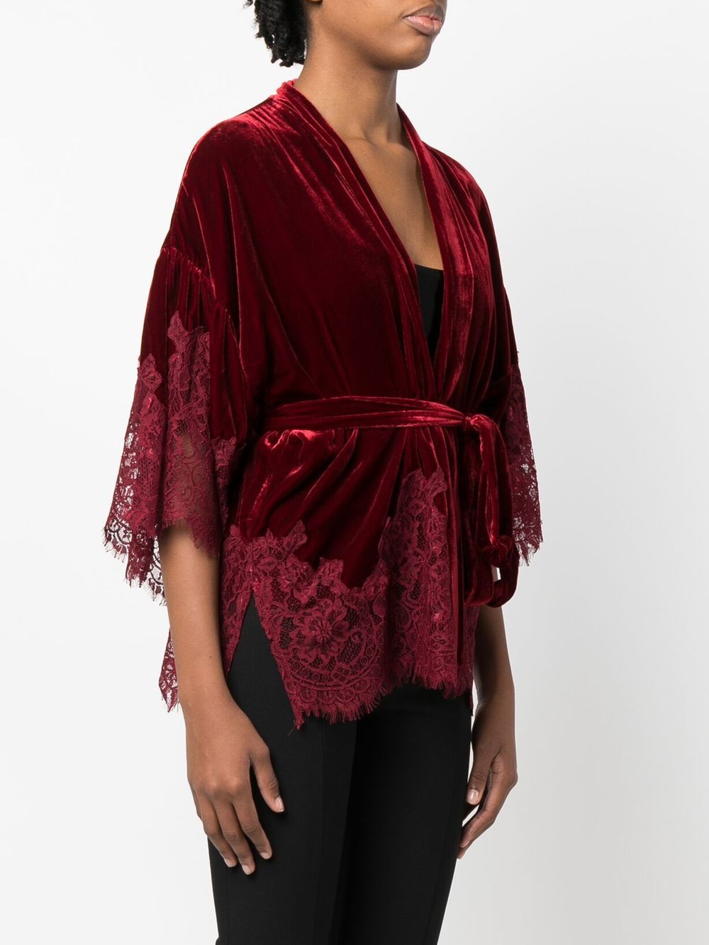 GOLD HAWK Red Velvet Wrap Jacket with Lace Detail image 1