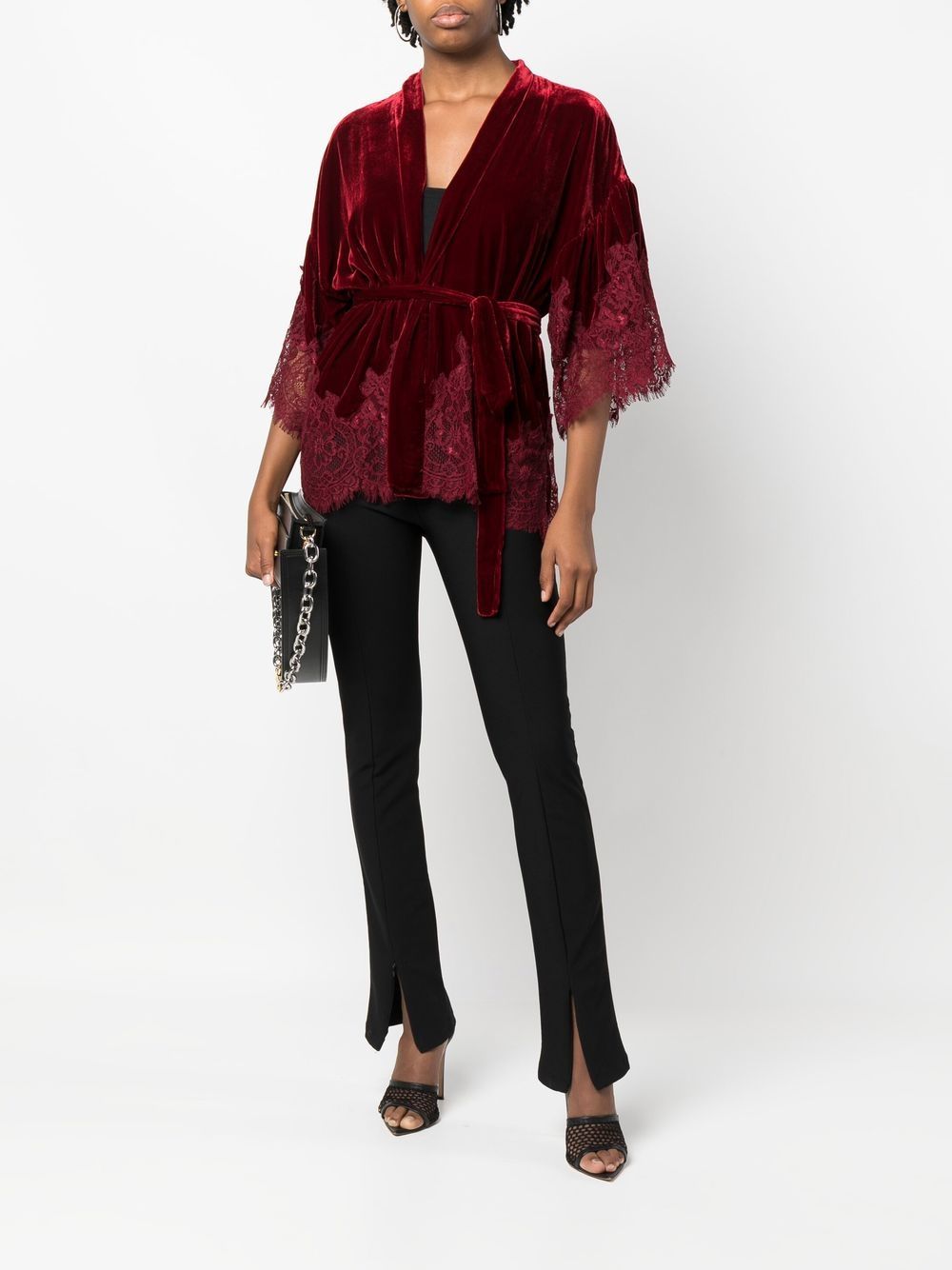 GOLD HAWK Red Velvet Wrap Jacket with Lace Detail image 3