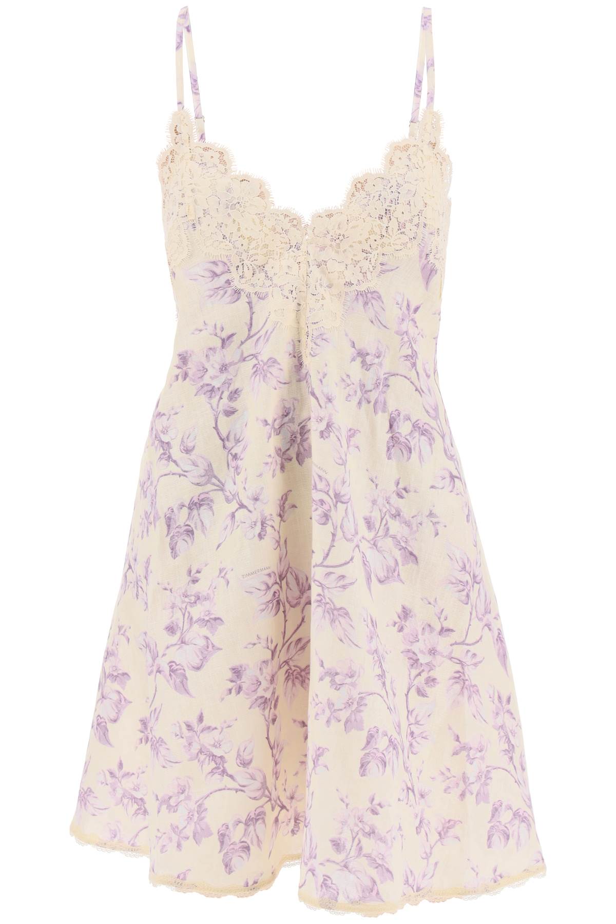 Zimmermann Floral Linen Mini Dress with Lace Trim - Cream Yellow image 0