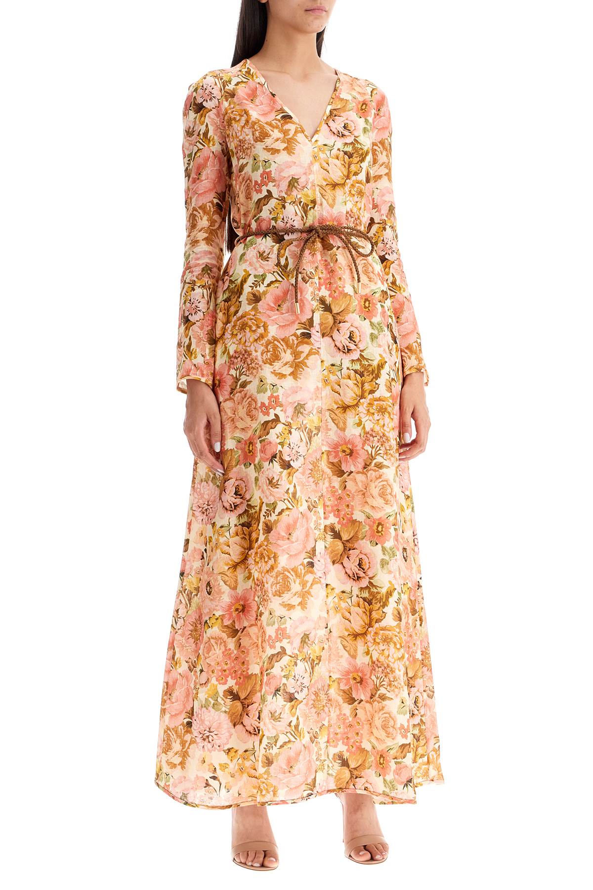 Zimmermann Linen Floral Plunge Maxi Dress with Rope Belt image 1