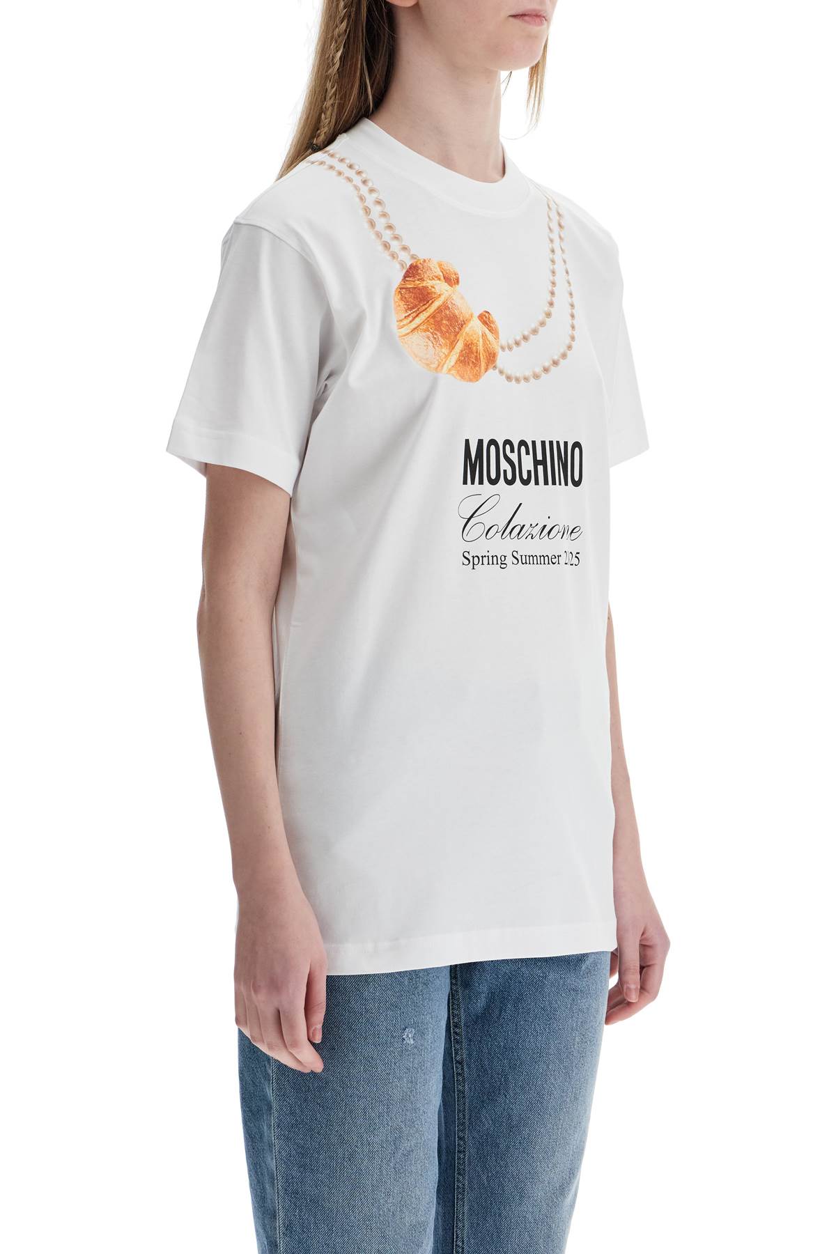 Moschino white cotton t-shirt with croissant and pearls print image 1