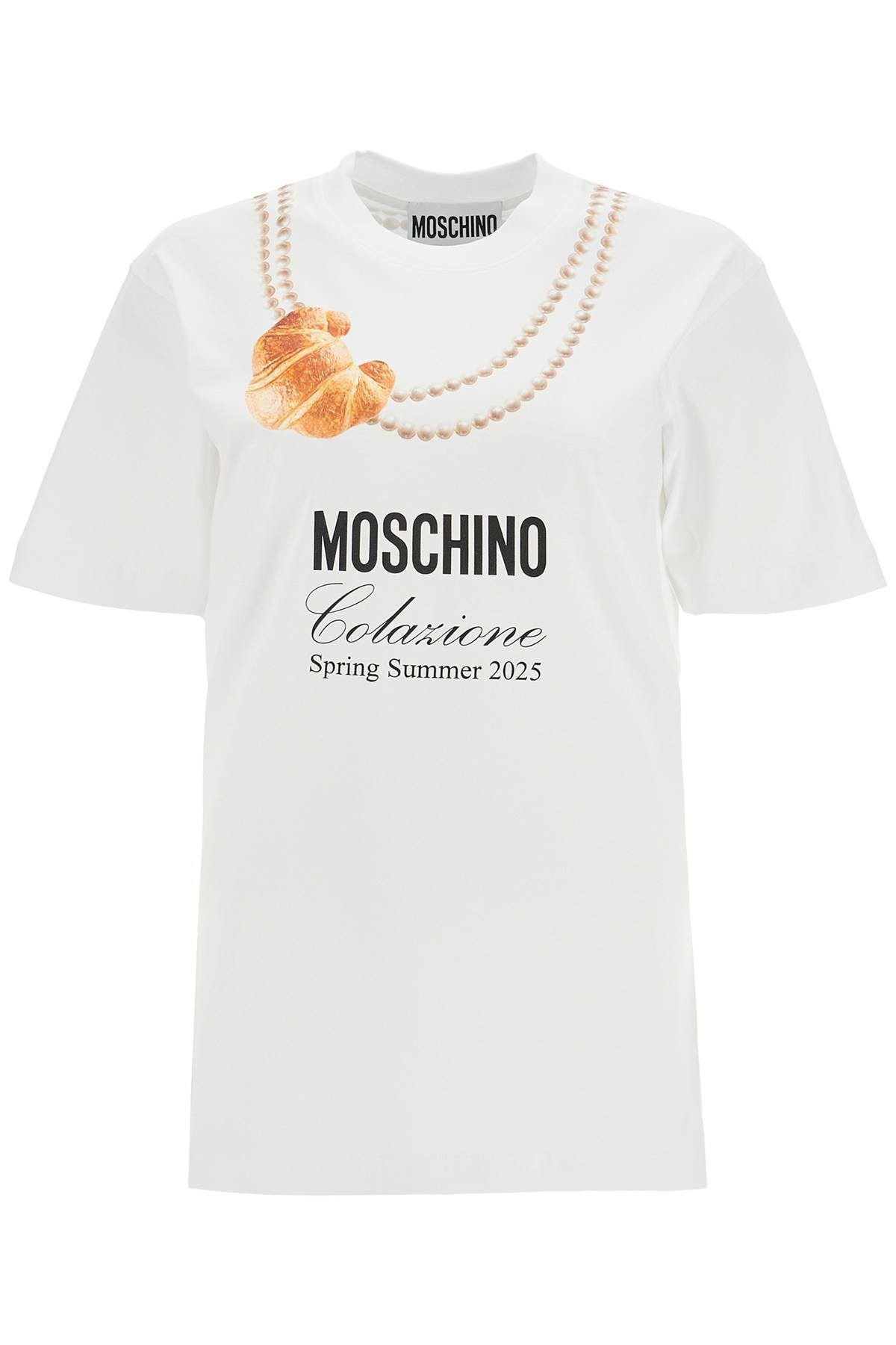 Moschino white cotton t-shirt with croissant and pearls print image 0