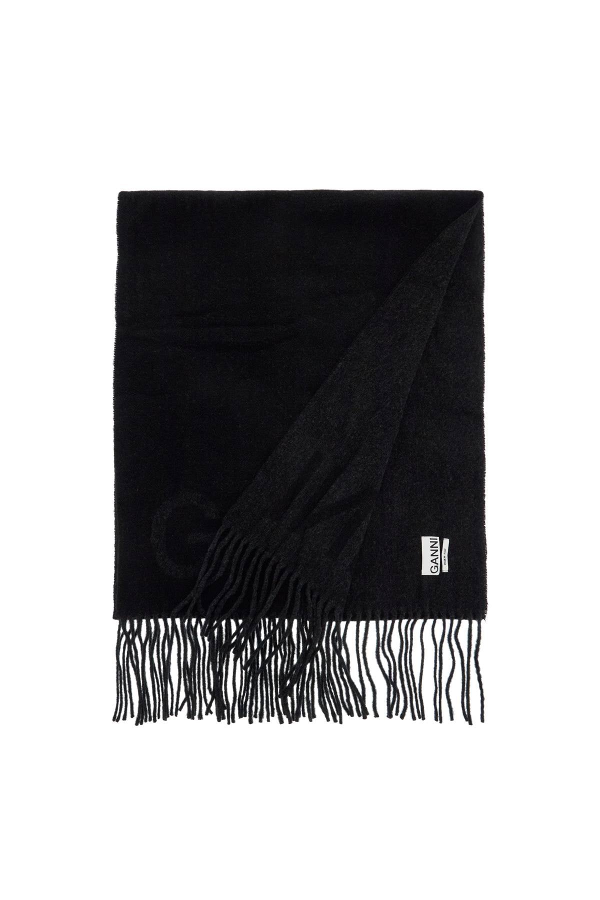 Ganni Recycled Wool Blend Logo Scarf with Fringes image 1