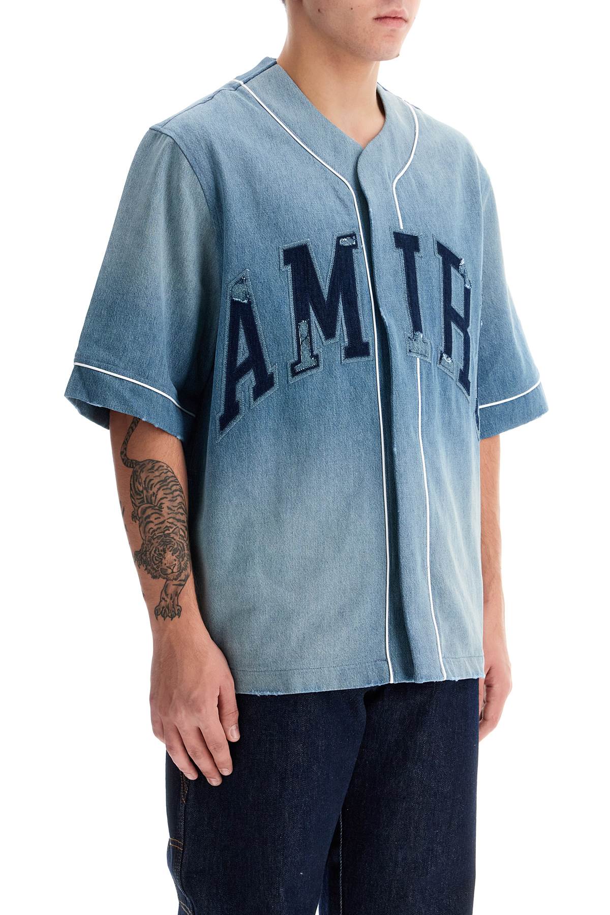 Amiri Stone-Washed Denim Baseball Shirt with Distressed Hems image 1