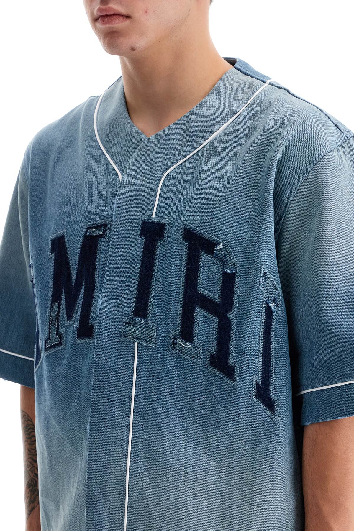 Amiri Stone-Washed Denim Baseball Shirt with Distressed Hems image 3