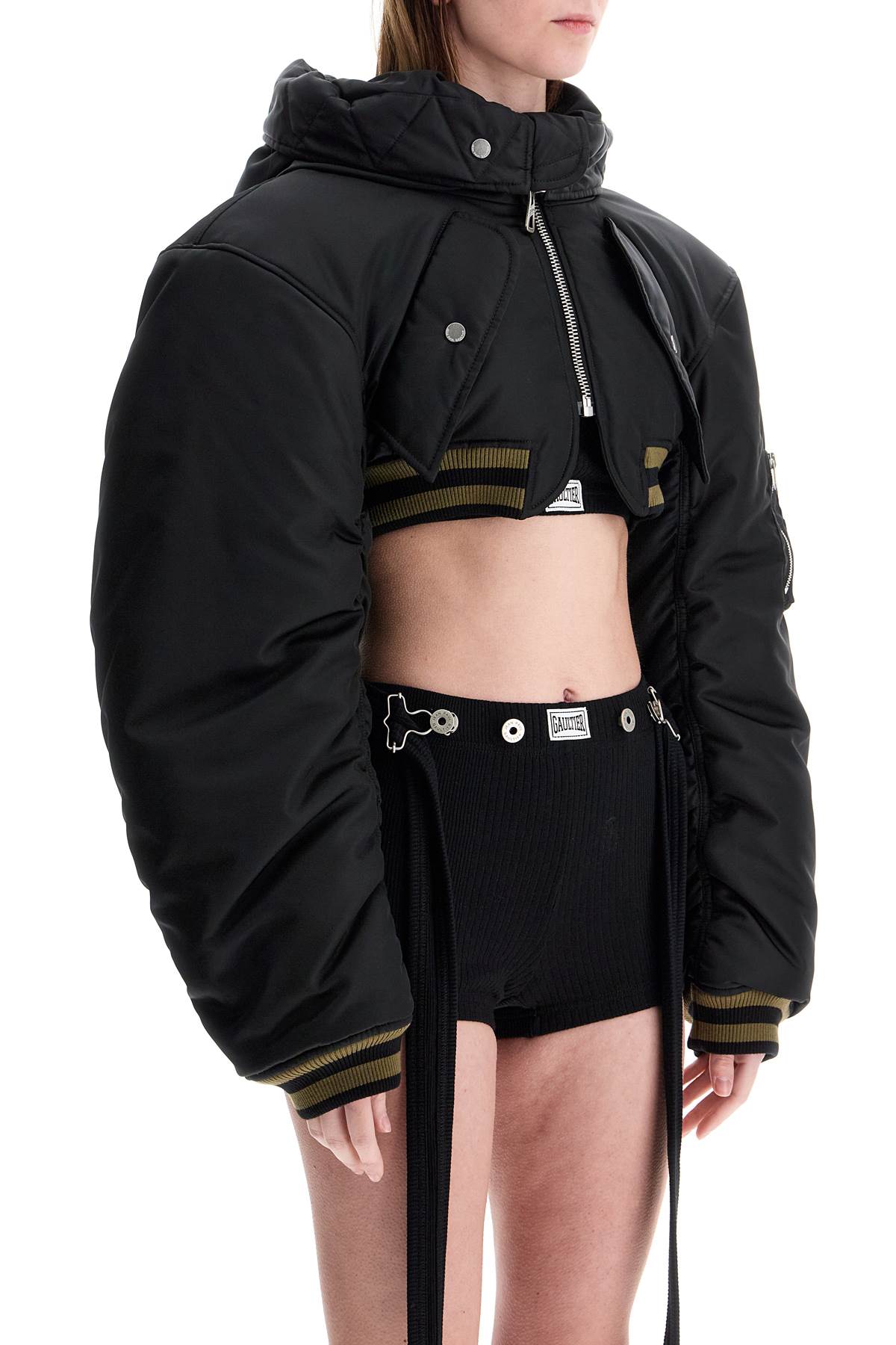 JEAN PAUL GAULTIER cropped black nylon padded bomber jacket with hood image 1