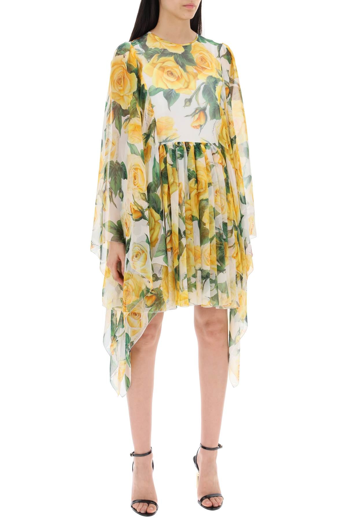 Dolce & Gabbana Short Silk Chiffon Dress with Yellow Rose Print image 1