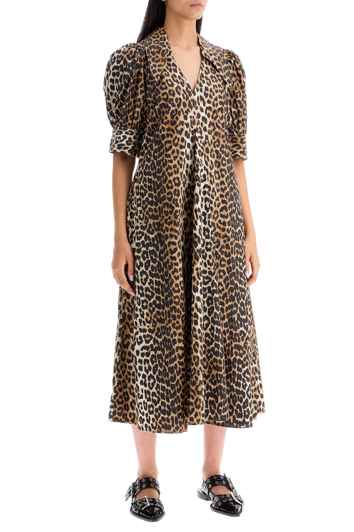 Ganni Leopard Print Poplin Midi Dress image 1