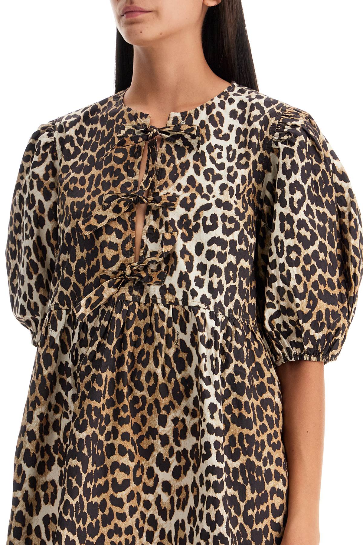 Ganni Leopard Print Mini Poplin Dress with Tie String image 3