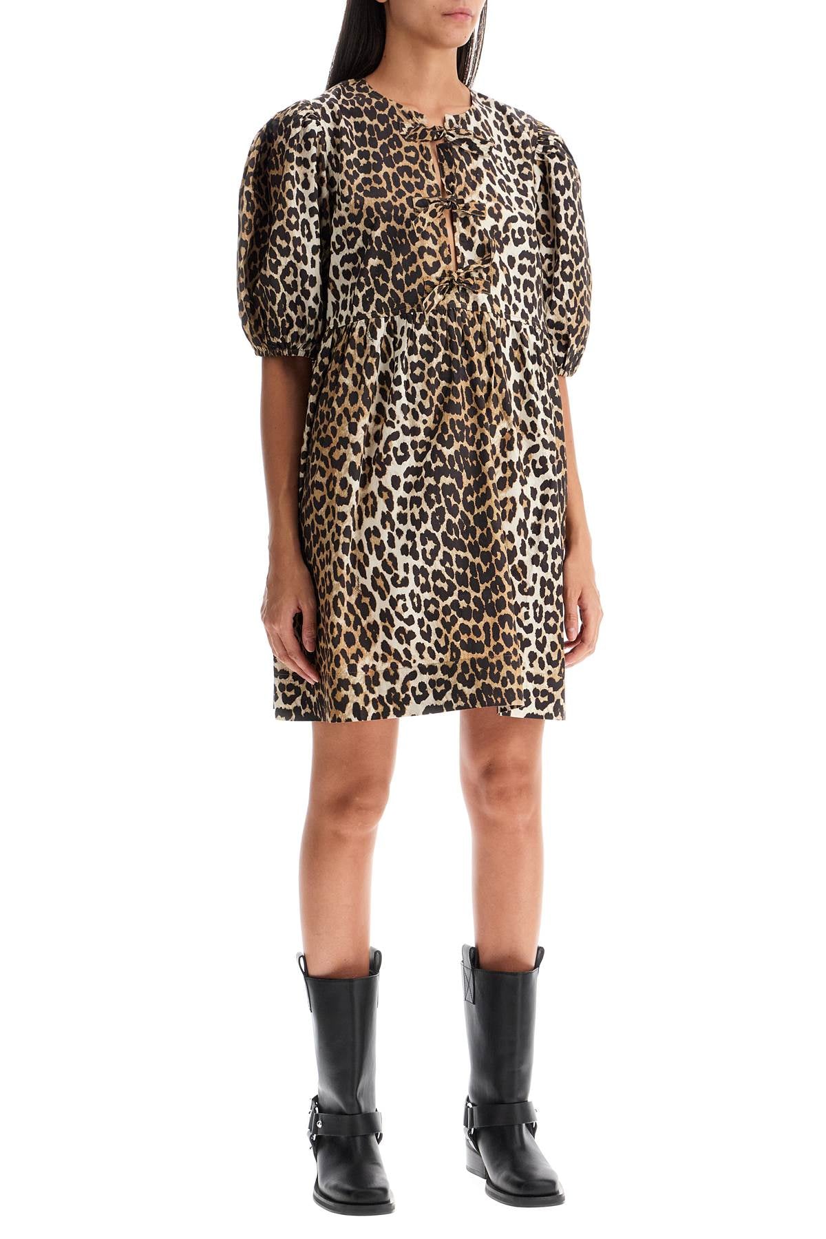 Ganni Leopard Print Mini Poplin Dress with Tie String image 1