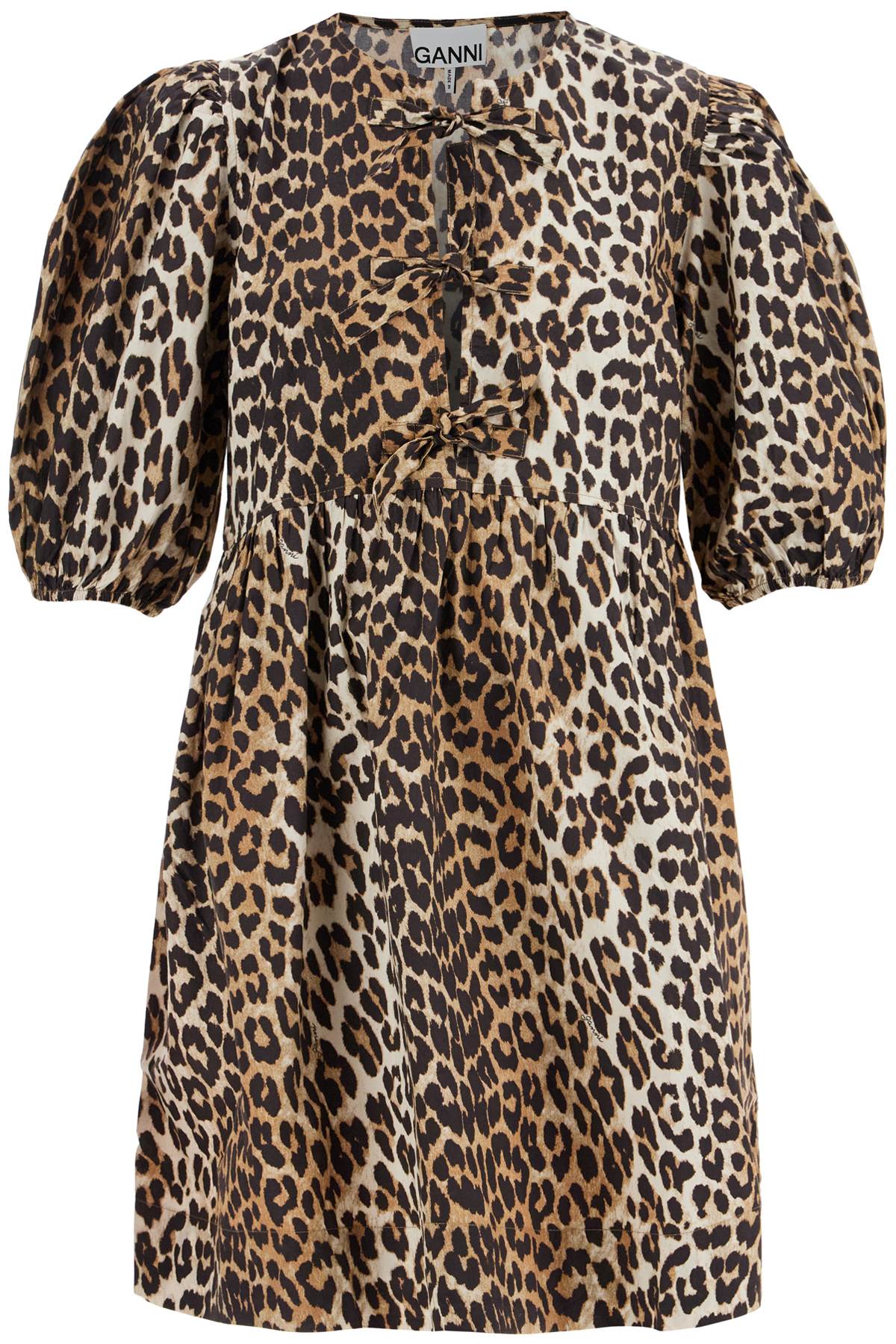 Ganni Leopard Print Mini Poplin Dress with Tie String image 0