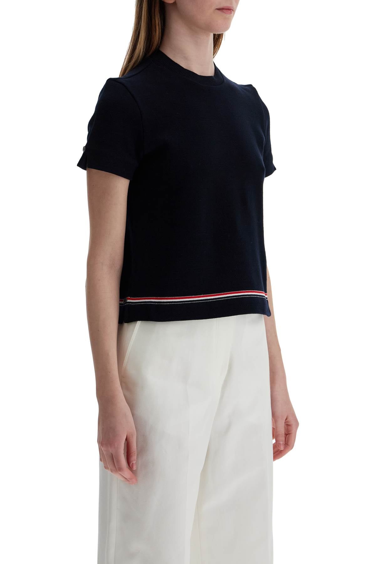 Thom Browne navy blue piqué cotton t-shirt with tricolor stripe image 1