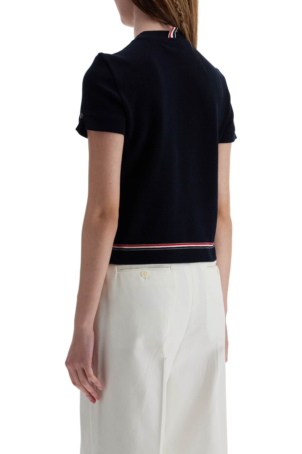 Thom Browne navy blue piqué cotton t-shirt with tricolor stripe image 2