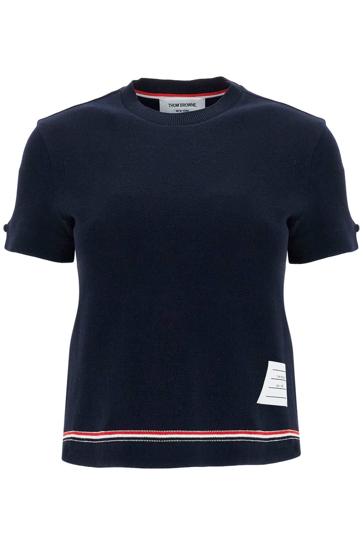 Thom Browne navy blue piqué cotton t-shirt with tricolor stripe image 0