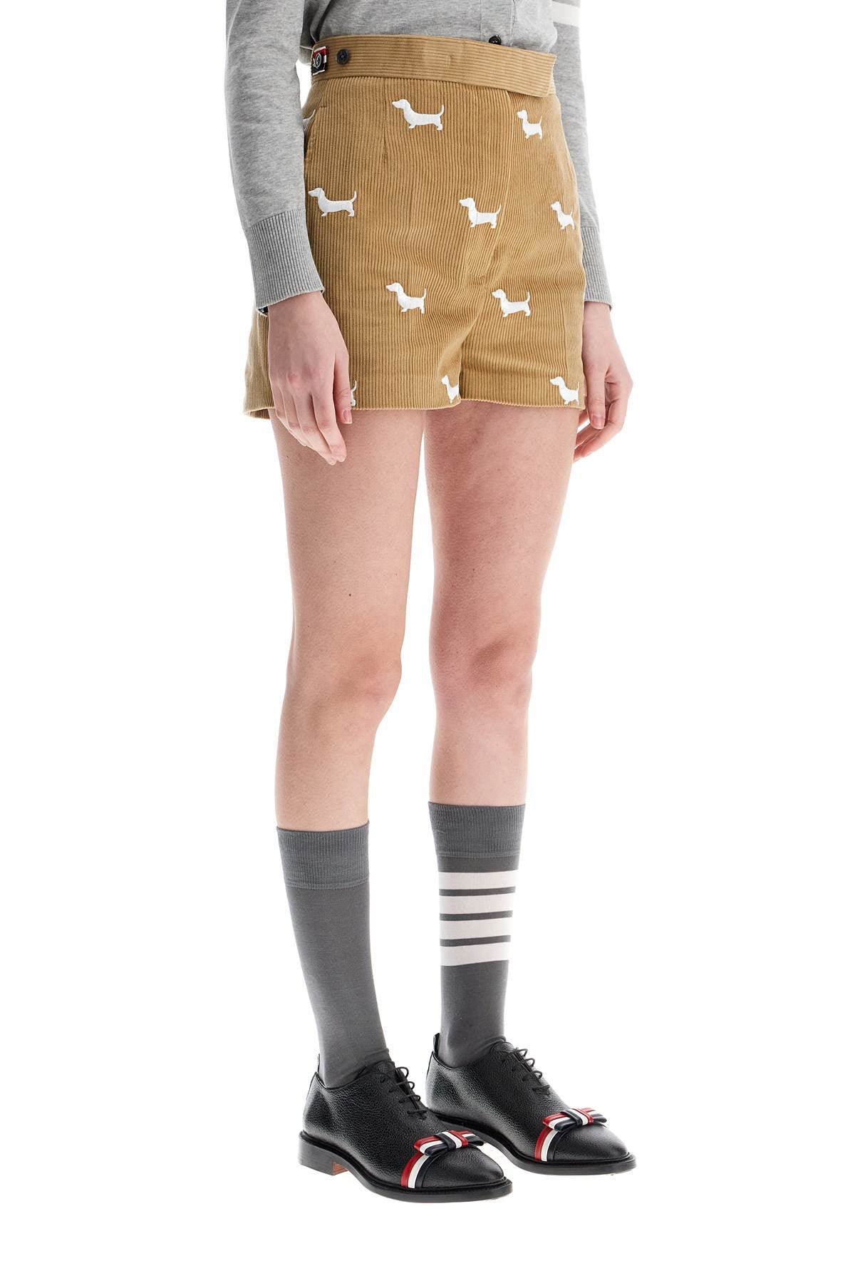 Thom Browne khaki corduroy shorts with white dog pattern image 1