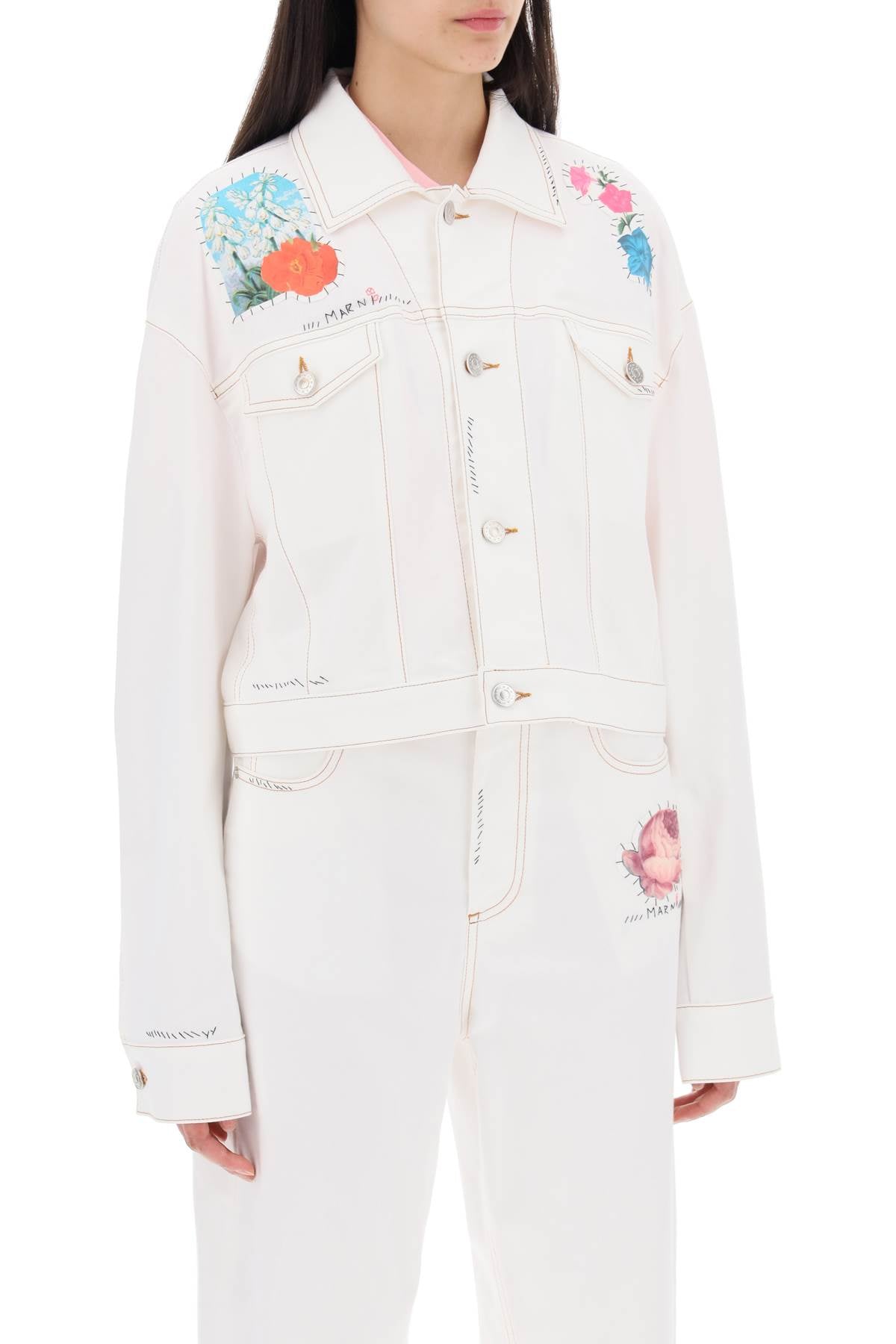 Marni Cropped Denim Jacket with Flower Patches and Embroidery image 1