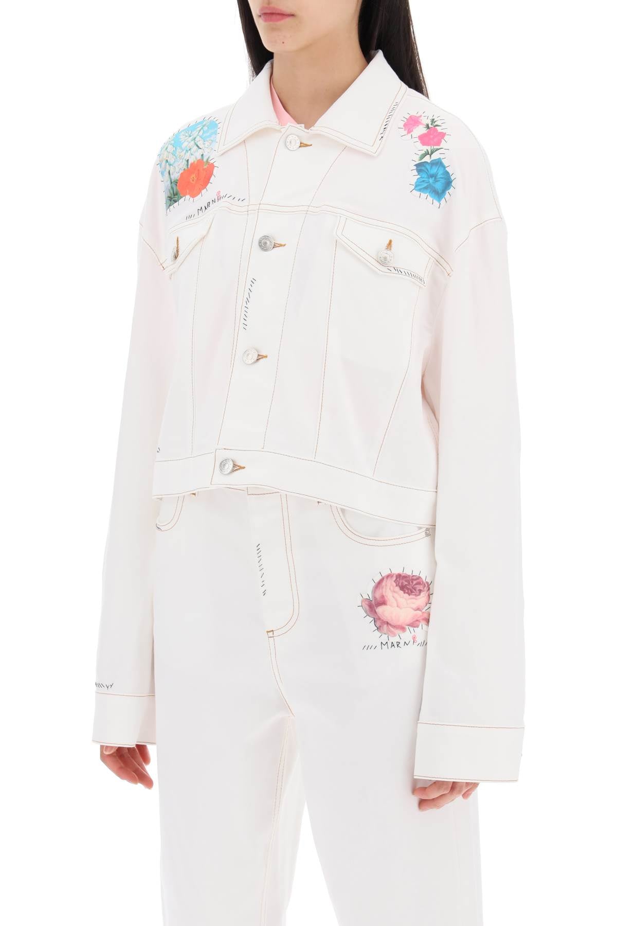 Marni Cropped Denim Jacket with Flower Patches and Embroidery image 3