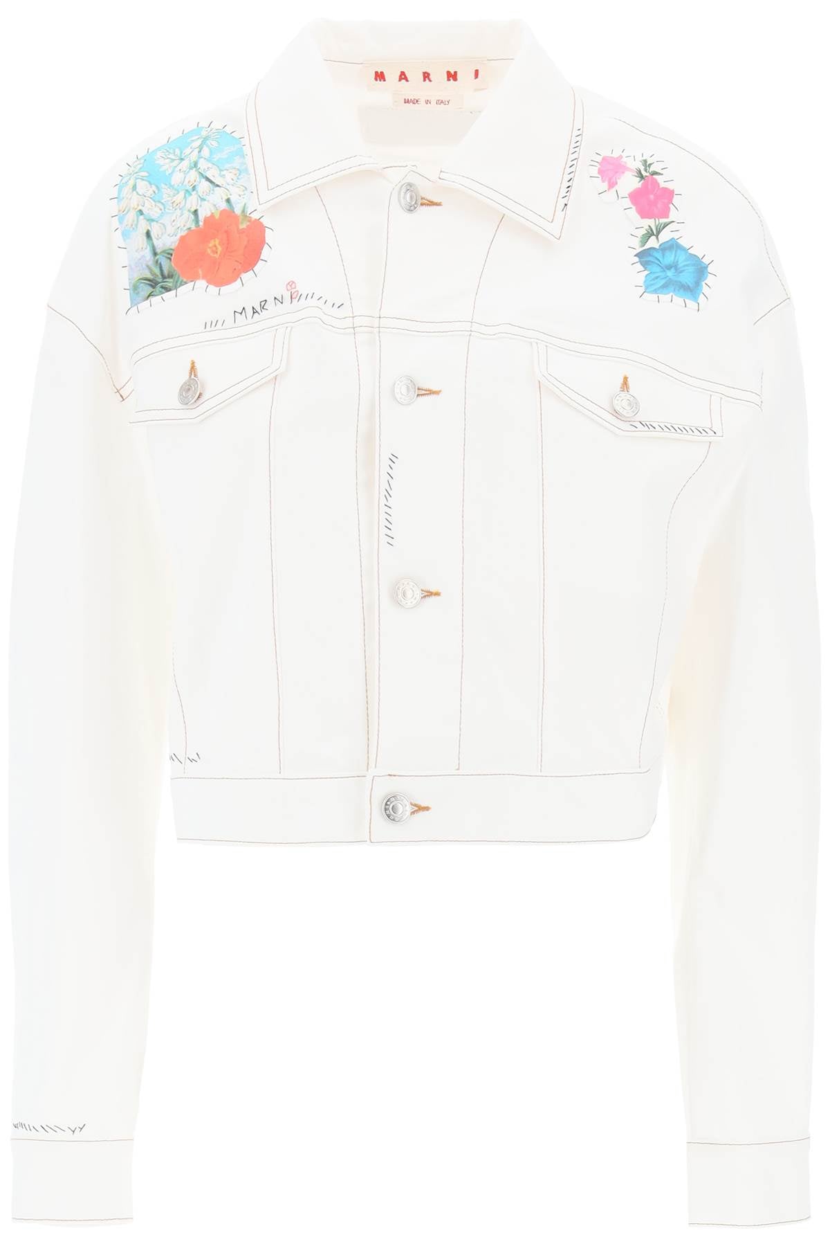 Marni Cropped Denim Jacket with Flower Patches and Embroidery image 0