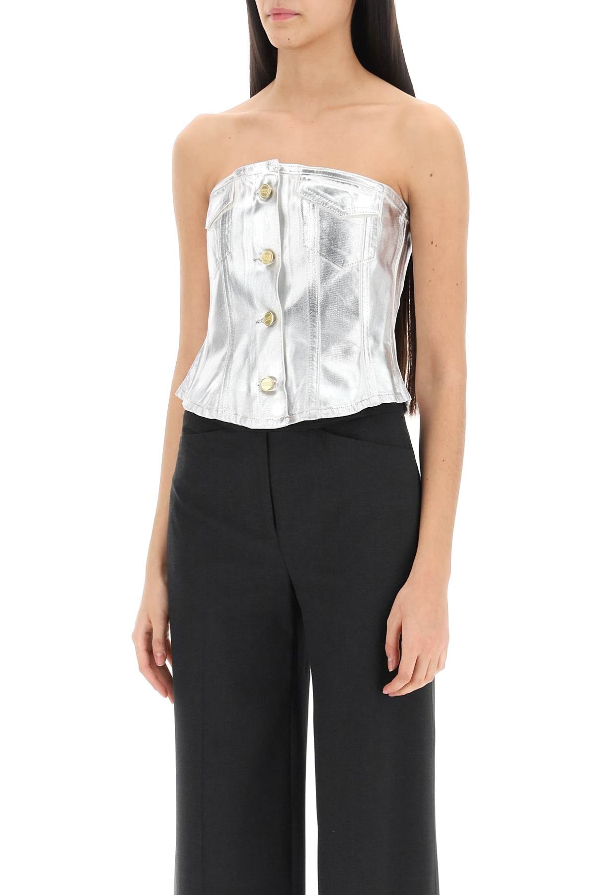 Ganni bustier top in foil denim image 3