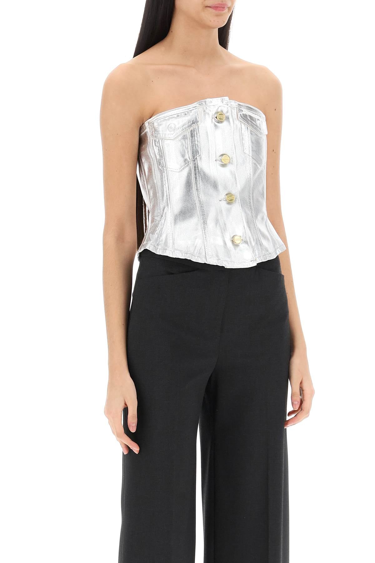 Ganni bustier top in foil denim image 1