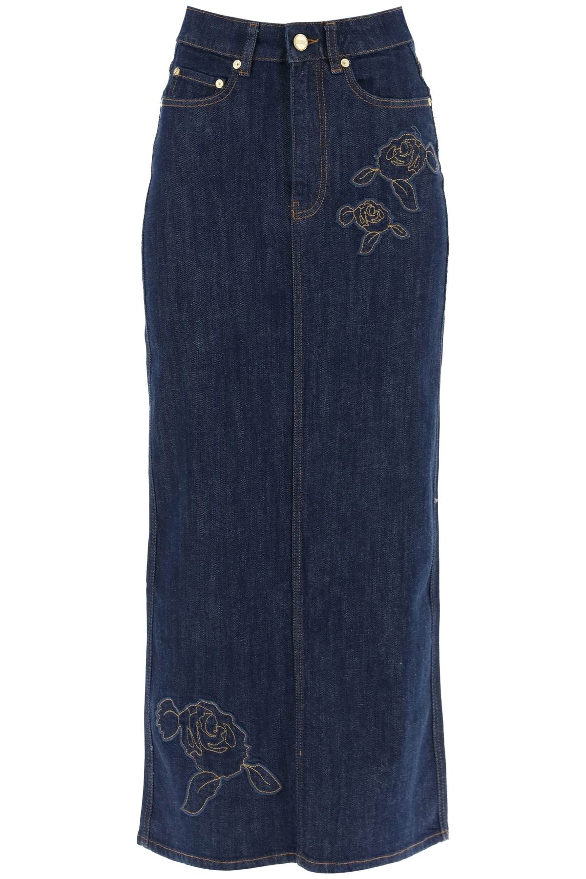 Ganni maxi denim skirt with pink embroidery image 0