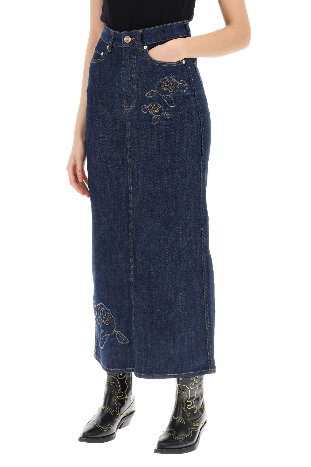 Ganni maxi denim skirt with pink embroidery image 3