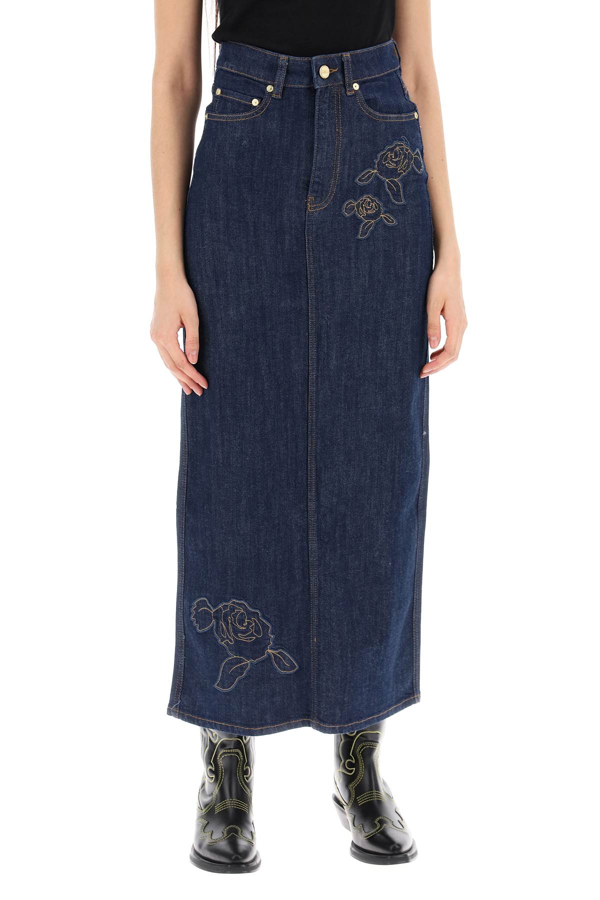 Ganni maxi denim skirt with pink embroidery image 1