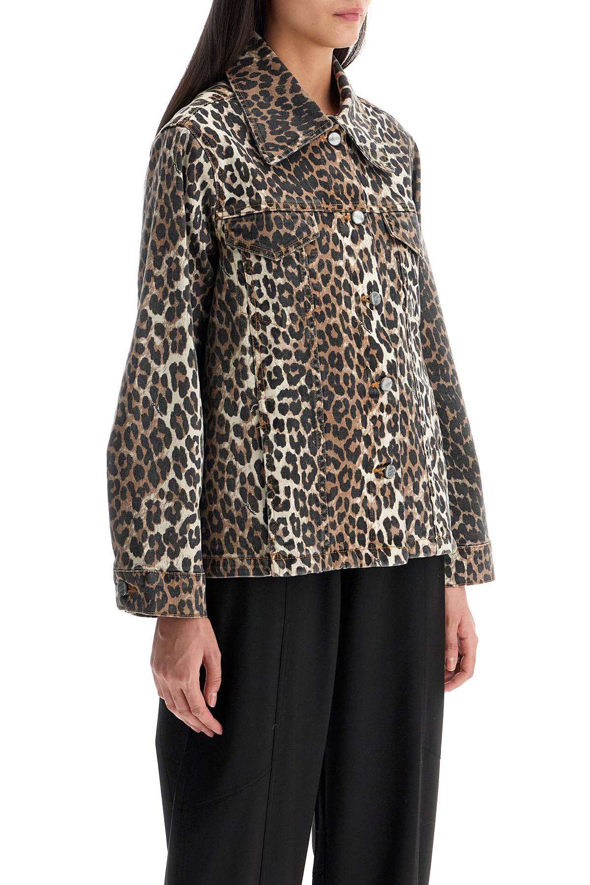 Ganni Leopard Print Organic Cotton Denim Jacket image 1