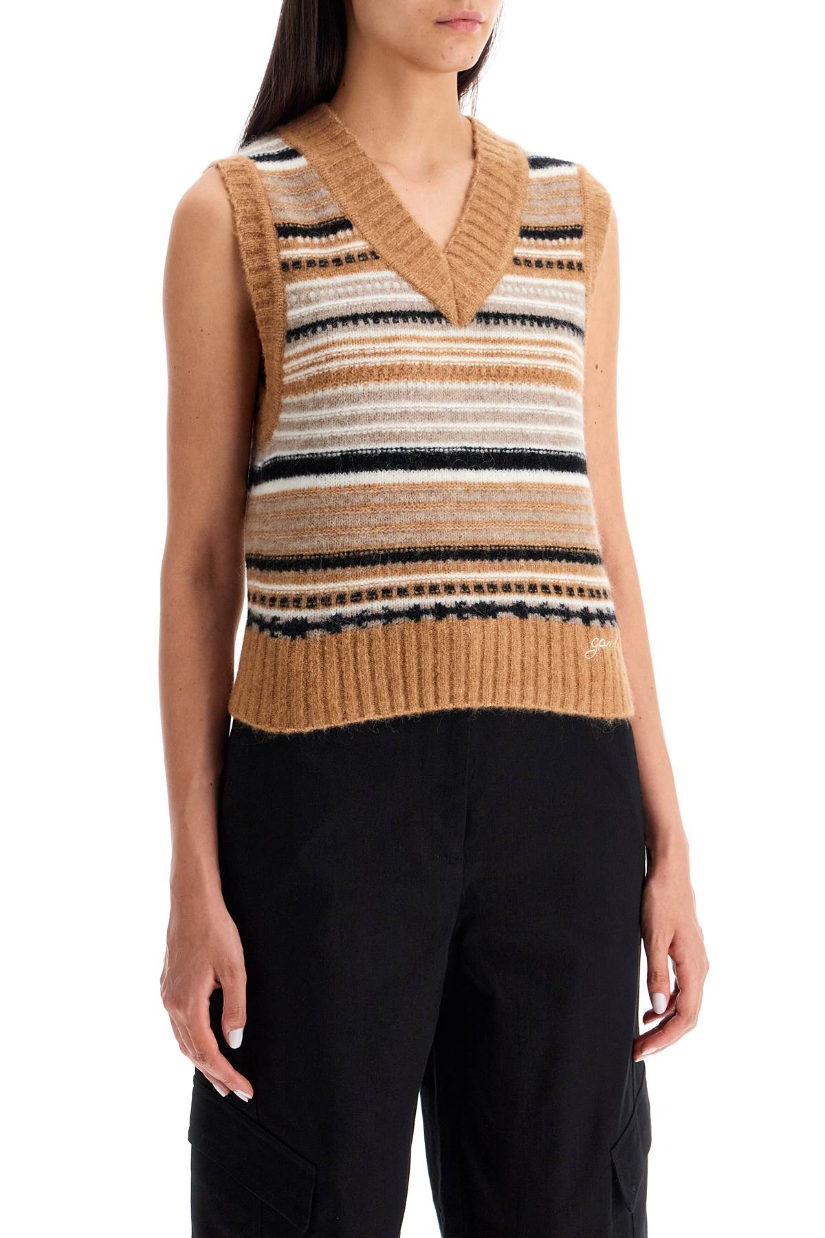 Ganni Soft Striped Knit Vest - Beige, White & Black image 1