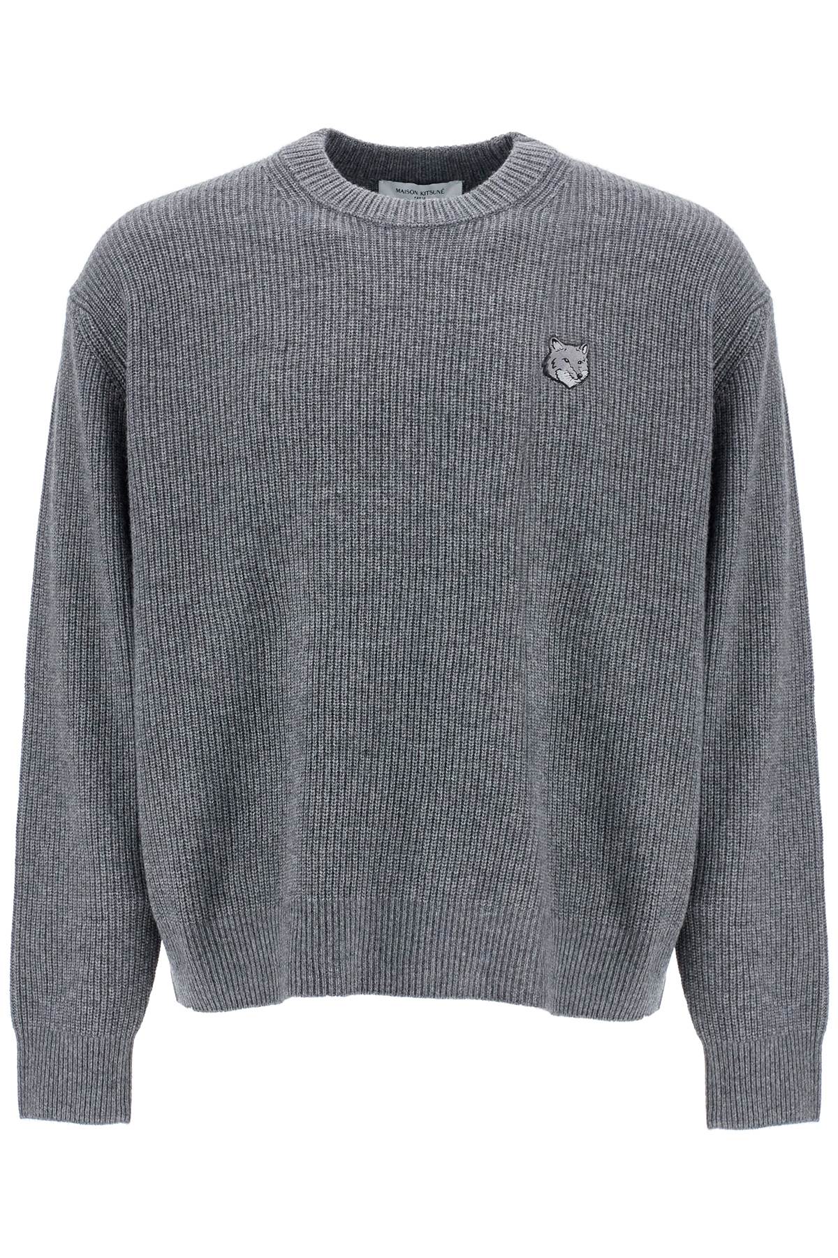 Maison Kitsune gray mélange wool sweater with embroidered fox logo image 0