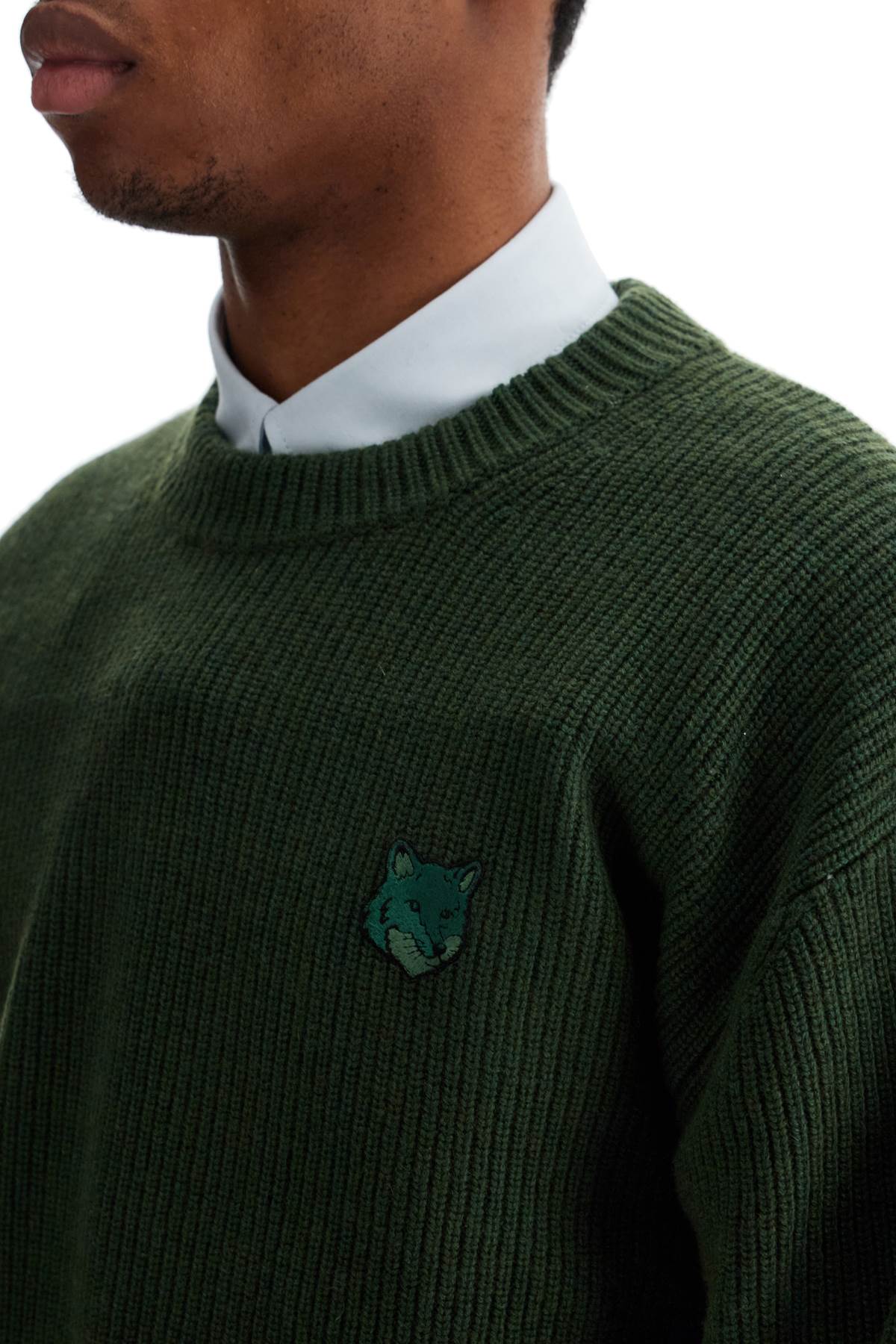 Maison Kitsune ranger green wool and viscose sweater with fox patch image 3