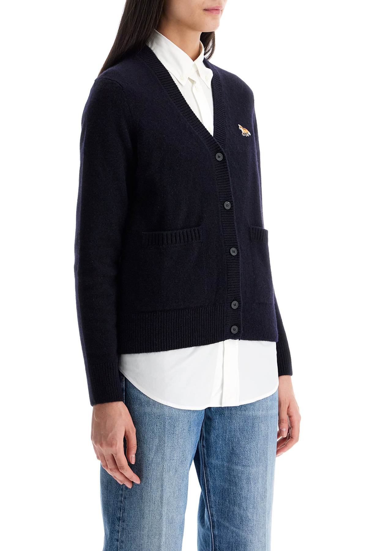 Maison Kitsune oversized blue cardigan 100% wool with fox patch image 1