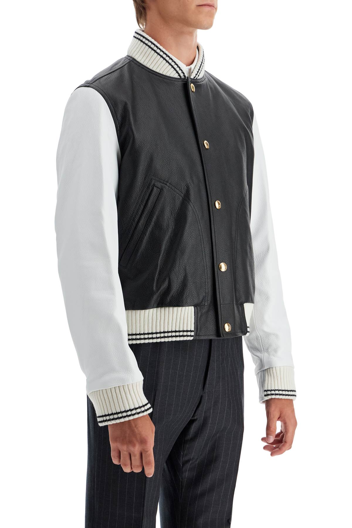 Thom Browne Hammered Leather Varsity Bomber Jacket image 1