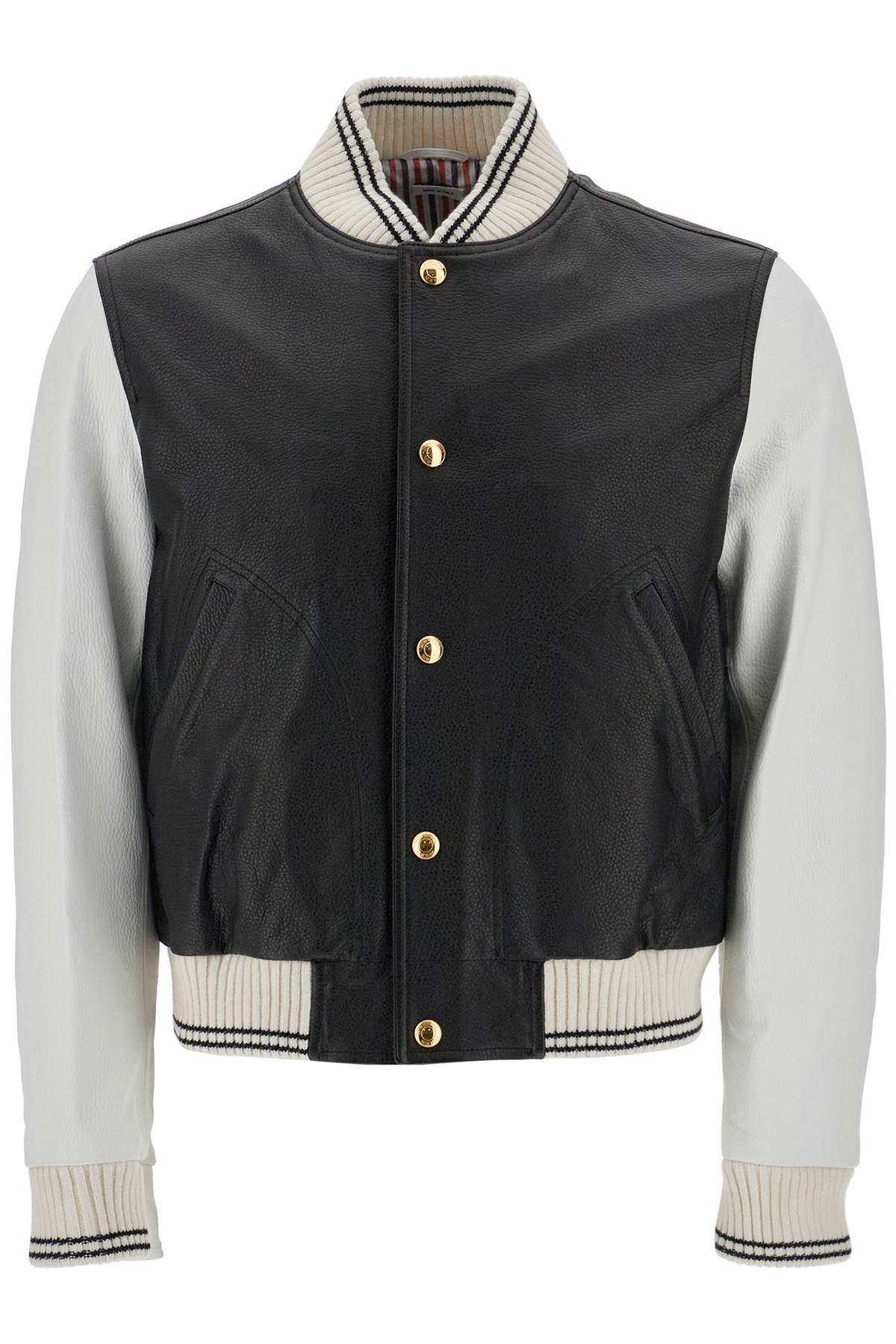 Thom Browne Hammered Leather Varsity Bomber Jacket image 0