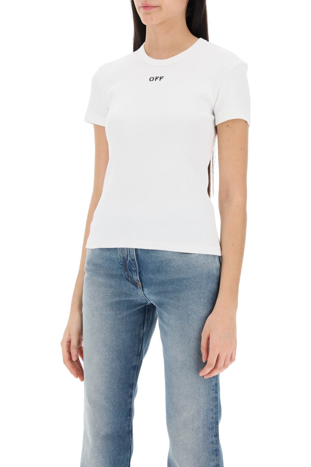 Off-White Ribbed Cotton T-Shirt with 'OFF' Embroidery image 3