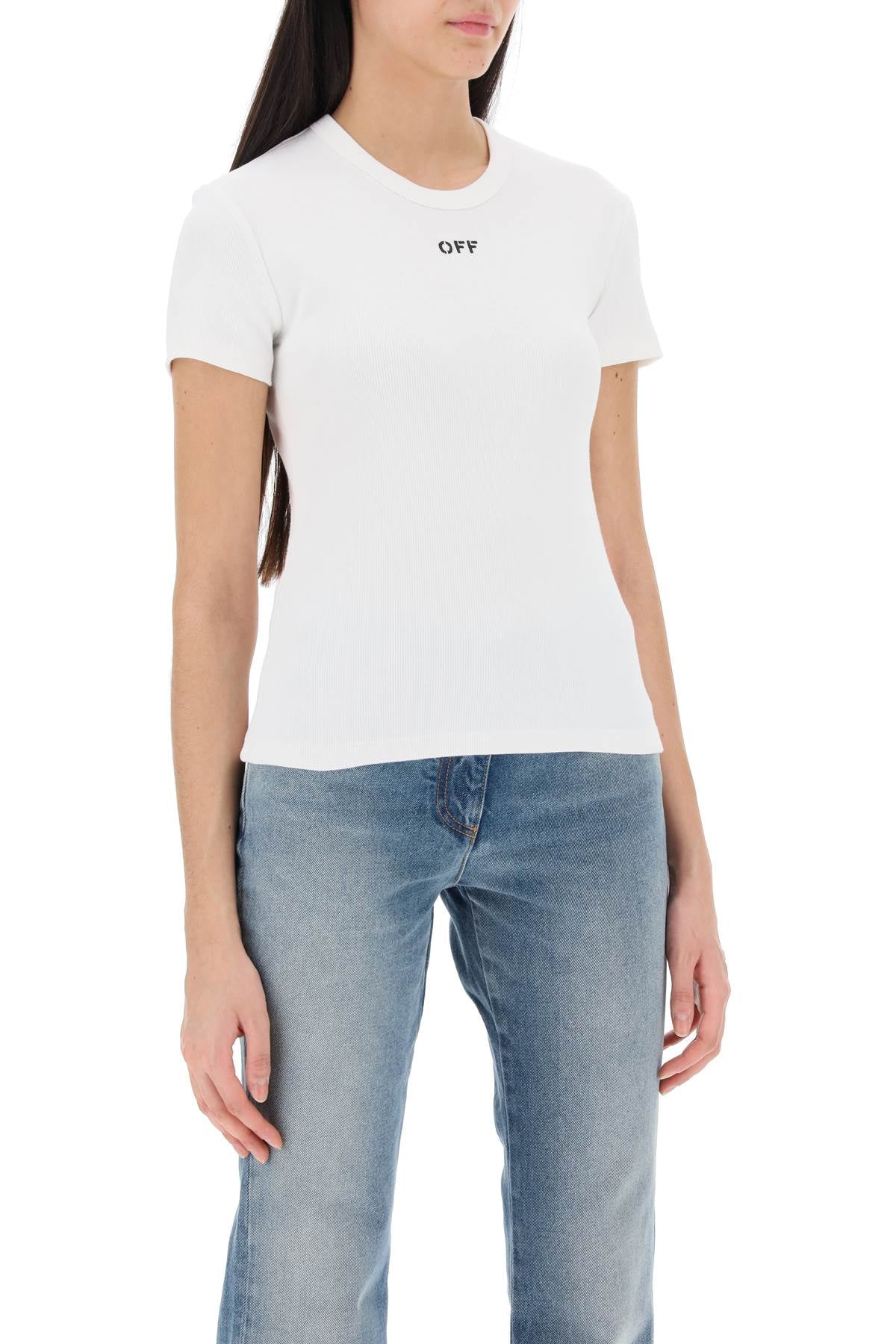 Off-White Ribbed Cotton T-Shirt with 'OFF' Embroidery image 1