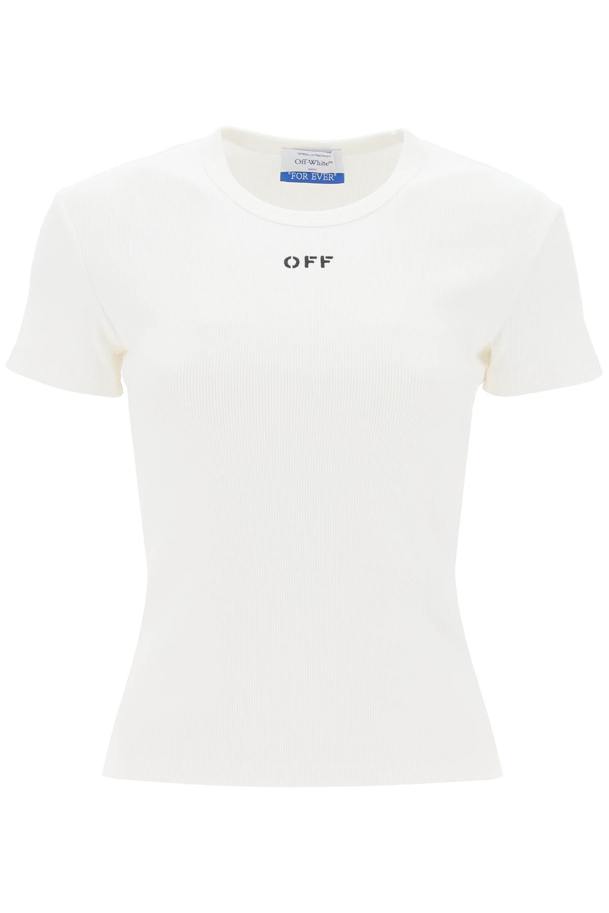 Off-White Ribbed Cotton T-Shirt with 'OFF' Embroidery image 0