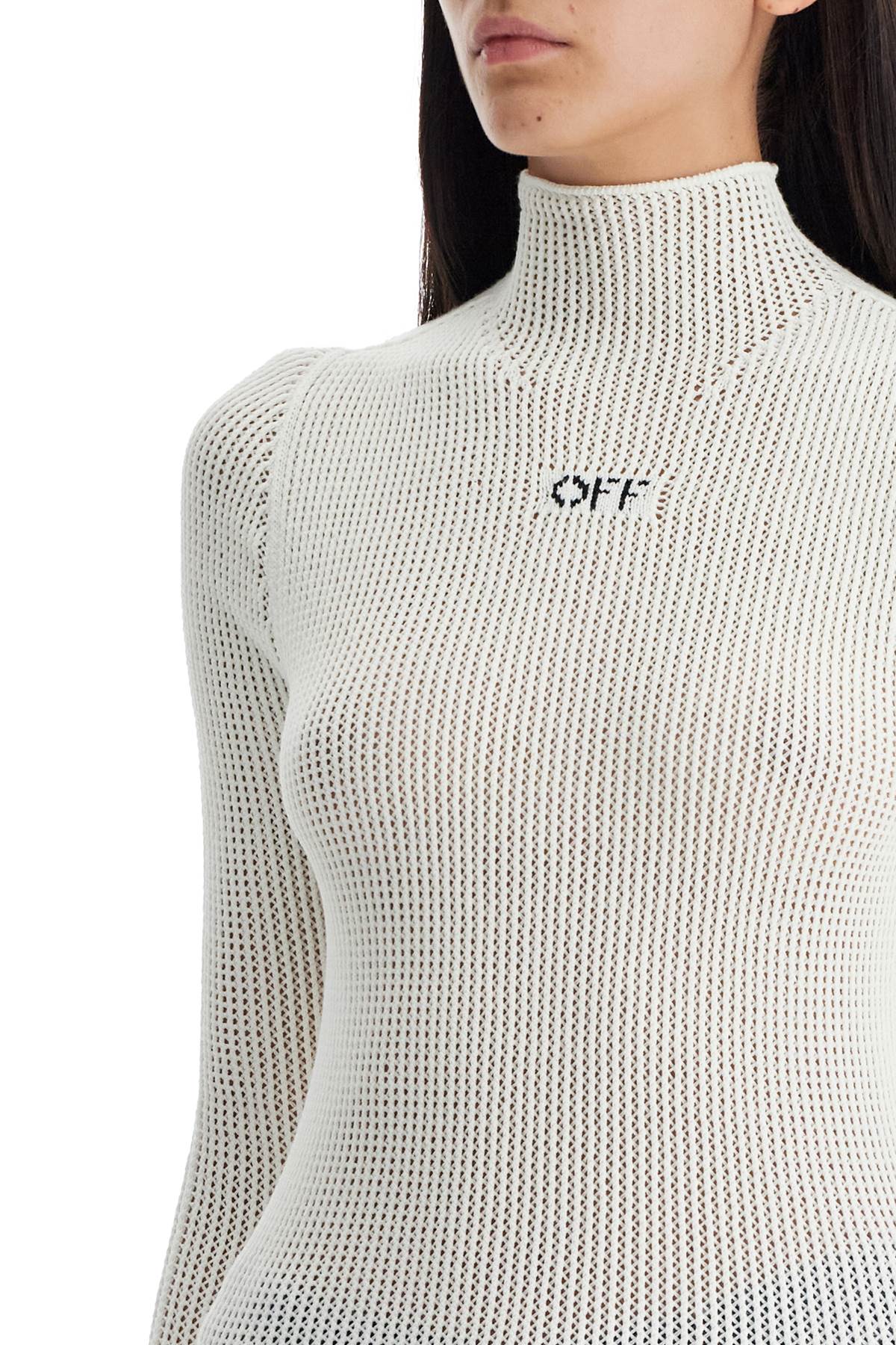 Off-White High Neck Knit Top with Jacquard Logo image 3